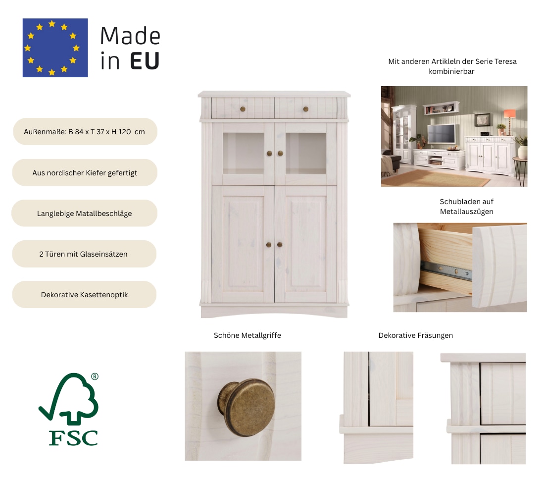 Home affaire Highboard »Teresa Mini-Vitrine mit Glastüren und 2 Schubkästen«, Kommode, aus massiver Kiefer, Breite 84 cm, Höhe 120 cm, FSC®