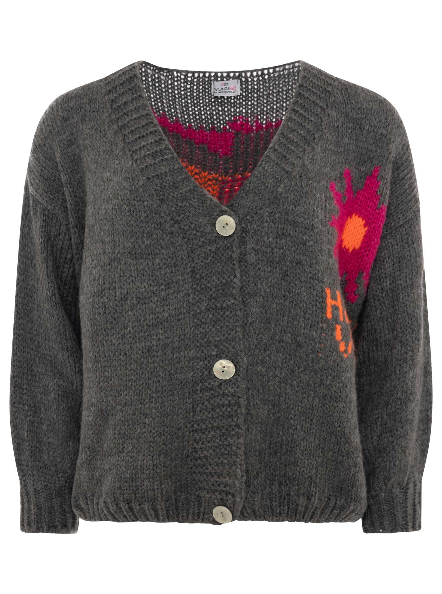 Zwillingsherz Cardigan »"Happy Vibes"« Knopfleiste, großes Motiv mit Blume und Schrift hinten, One Size