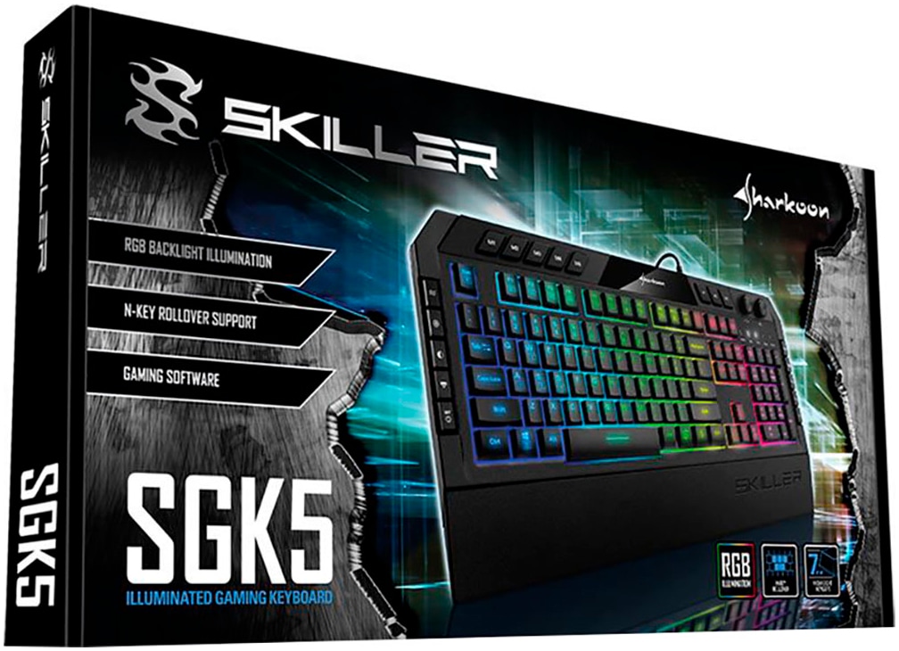 Sharkoon Gaming-Tastatur »Skiller SGK5«, (Angenehmes Tippen-Antirutsch-Füße-Fn-Tasten-Handgelenkauflage-Lautstärkeregler-Makro-Tasten-Profil-Speicher-USB-Anschluss-Windows-Sperrtaste-Ziffernblock)