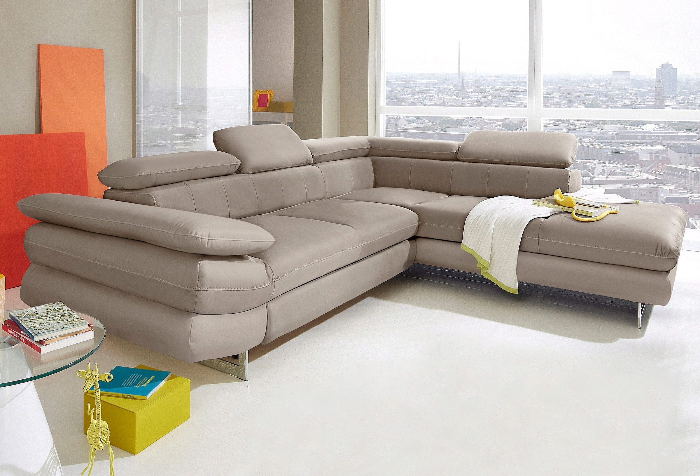 COTTA Ecksofa "Solution L-Form, Design Sofa, bequeme Wellenunterfederung, Design Fuß" mit Arm- & Kopfteilverstellung, wahlweise mit Schlaffunktion
