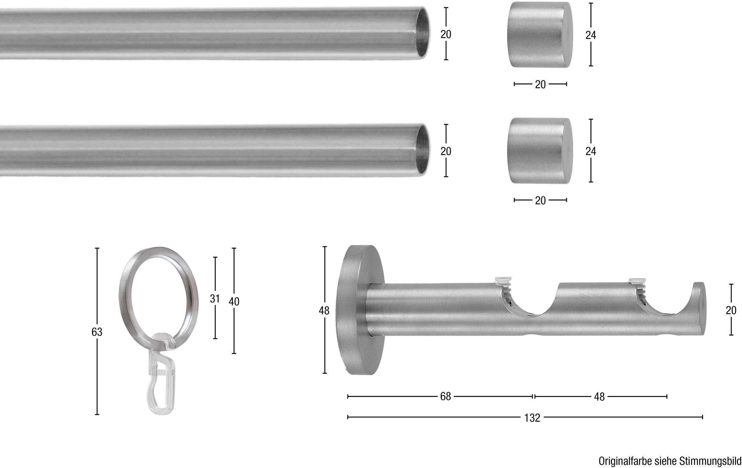 Thumbnail - GARESA Gardinenstange "EASY" Ø 20 mm 2 läufig-läufig Wunschmaßlänge;Träger;Endstücke;Befestigungsmaterial;Montageanleitu...