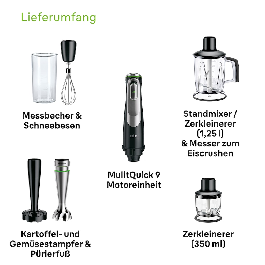 Braun Stabmixer »MQ 9147X MultiQuick 9«, 1200 W, Schneebesen, Mixeraufsatz, Zerkleinerer, Gemüsestampfer, 0,6l Behälter