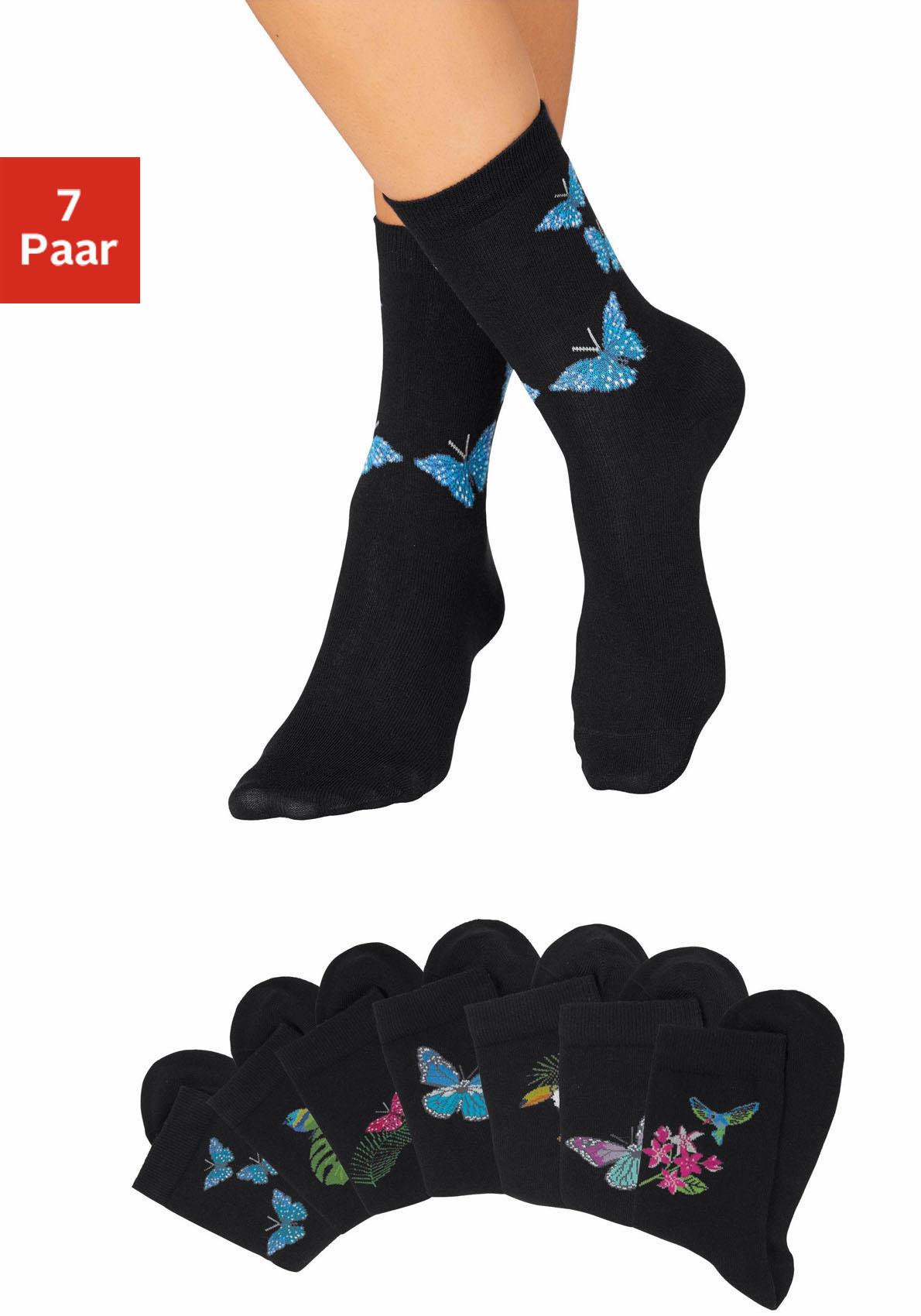 H.I.S Socken "Damen lustige Motive Basic Socken für Freizeit und Alltag" Packung, 7 Stk. tlg. mit Schmetterlings- und Vogelmotiven