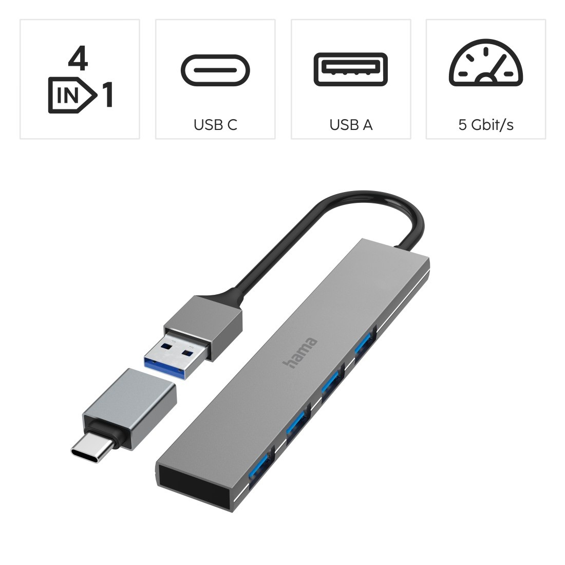 Hama USB-Adapter »USB Hub mit Adapter, 4 Ports mit USB C und USB A Stecker, Slim, grau« USB Typ A | USB Typ C zu USB Typ A 15 cm