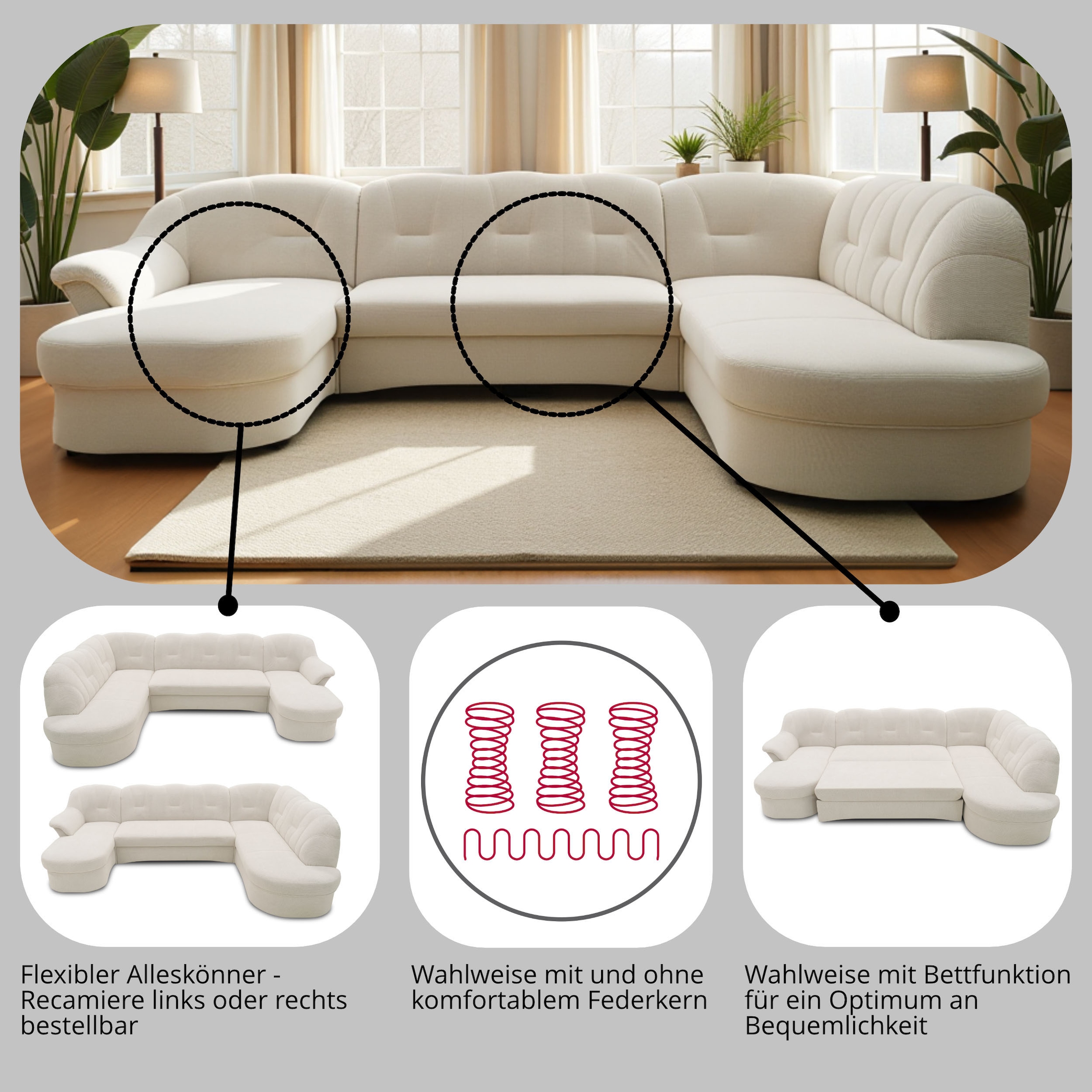 DOMO collection Wohnlandschaft »Flores auch in Leder-Bezug, B/T/H: 293/180/86 cm,  U-Form« wahlw. mit Bettfunktion, wahlw. mit Federkern,  Unser Dauertiefpreis