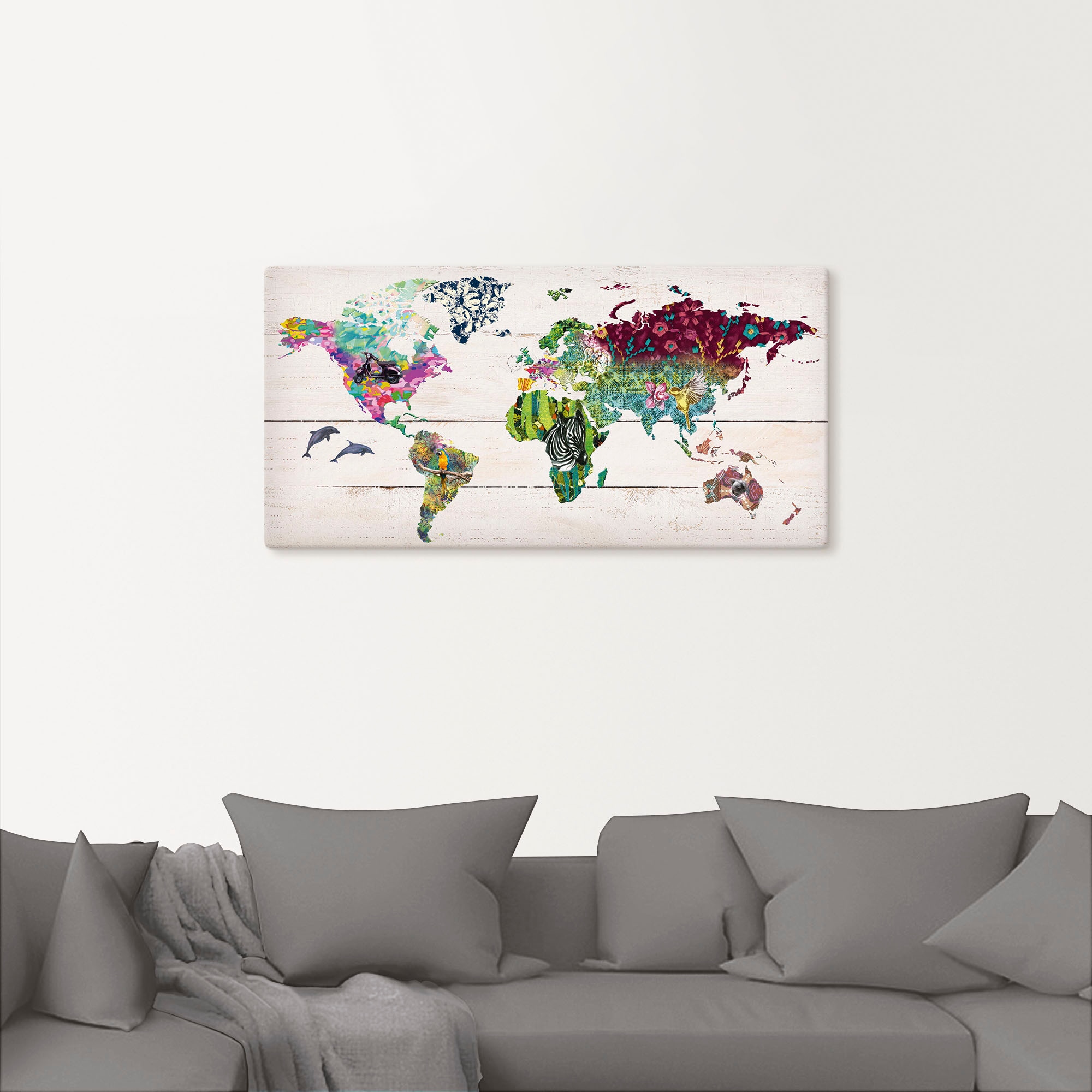 Artland Wandbild »Bunte Welt auf hölzernem Untergrund«, Landkarten, (1 St.), als Leinwandbild, Poster in verschied. Größen