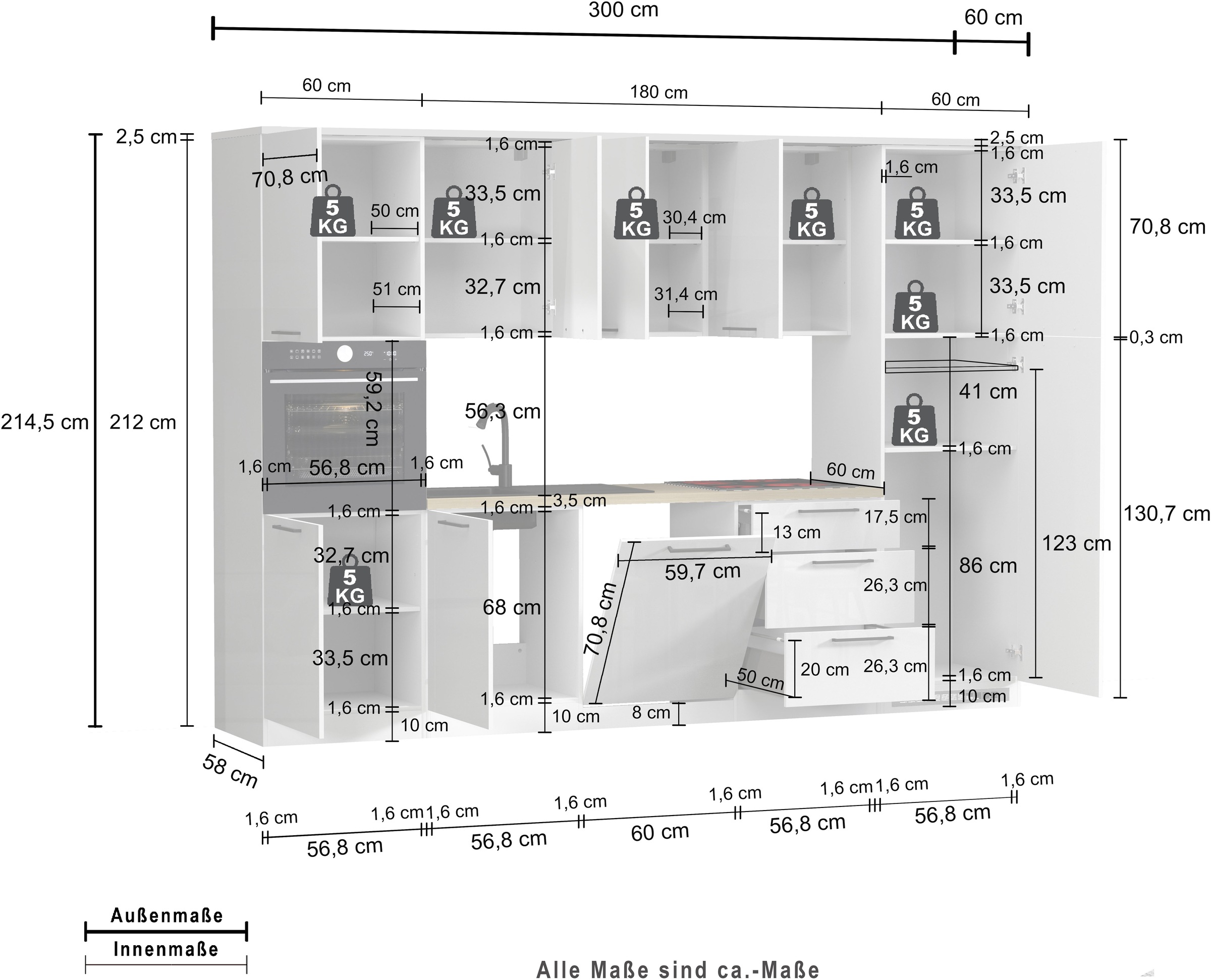 KOCHSTATION Küchenzeile »KS-Luna, Einbauküche, Zeilenküche, Küchenblock« Breite 300 cm, wahlweise mit Hanseatic-E-Geräten, APL 35mm stark