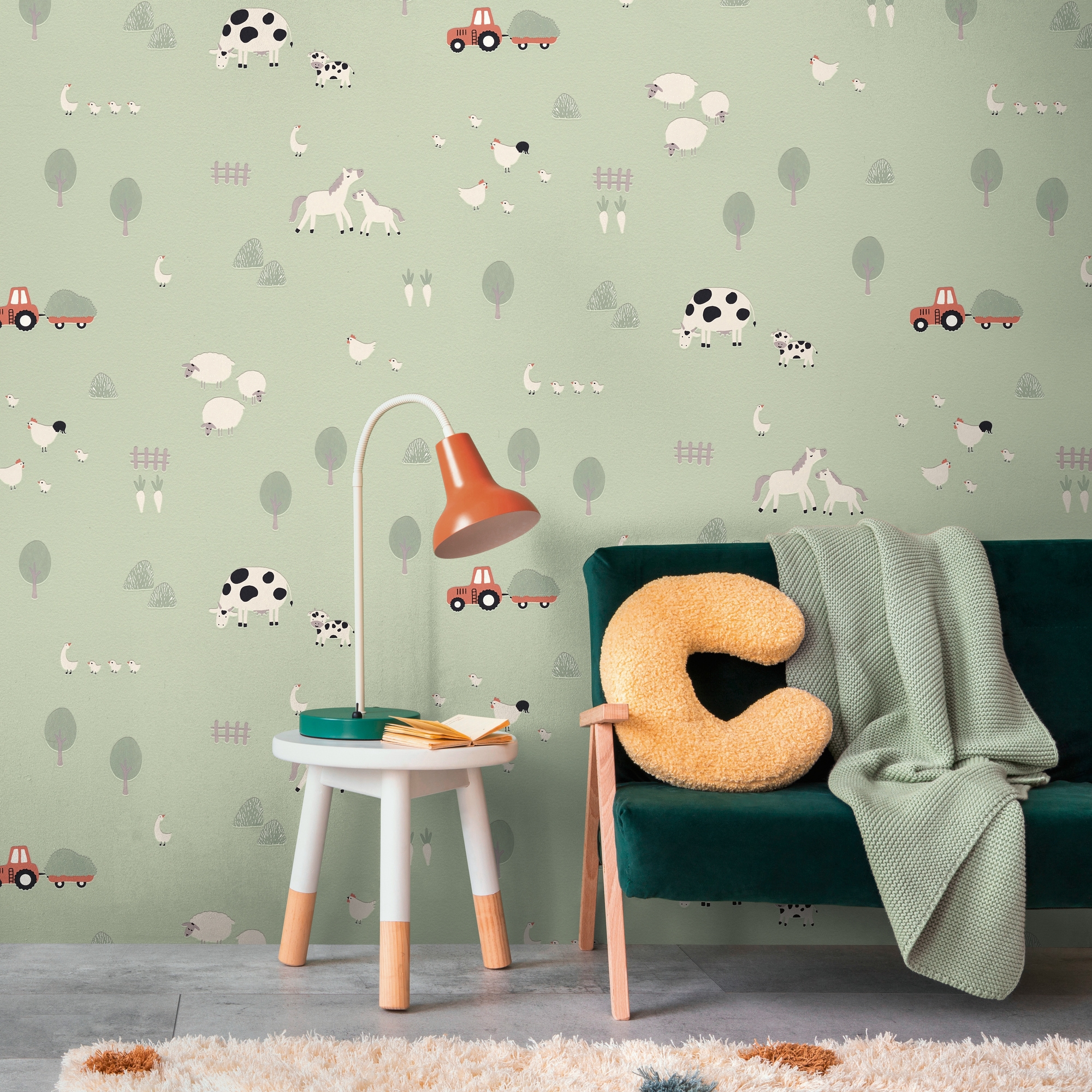 living walls Vliestapete "Kids Studio Bauernhof – Tier Vliestapete für Kinder" Motiv grafisch naturalistisch glatt Bauernhoftiere mit Kühen, Pferden, Schafen und Traktor