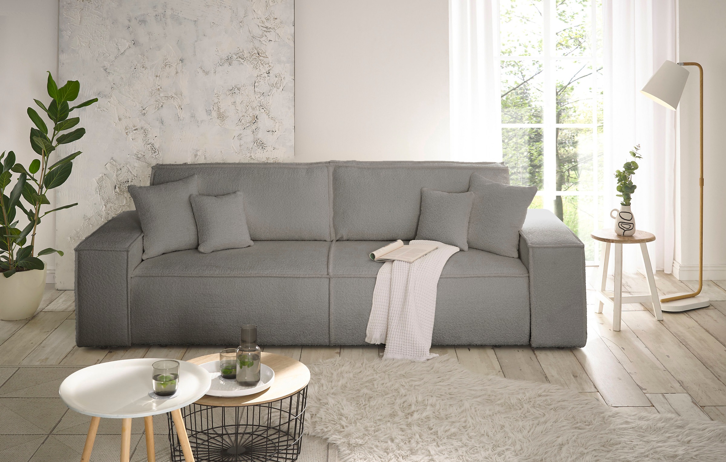 andas 3-Sitzer »FINNLEY Schlafsofa 257 cm, Schlaffunktion mit Bettkasten (200/136cm),«, in Aqua Clean-Bouclé u. Struktur fein