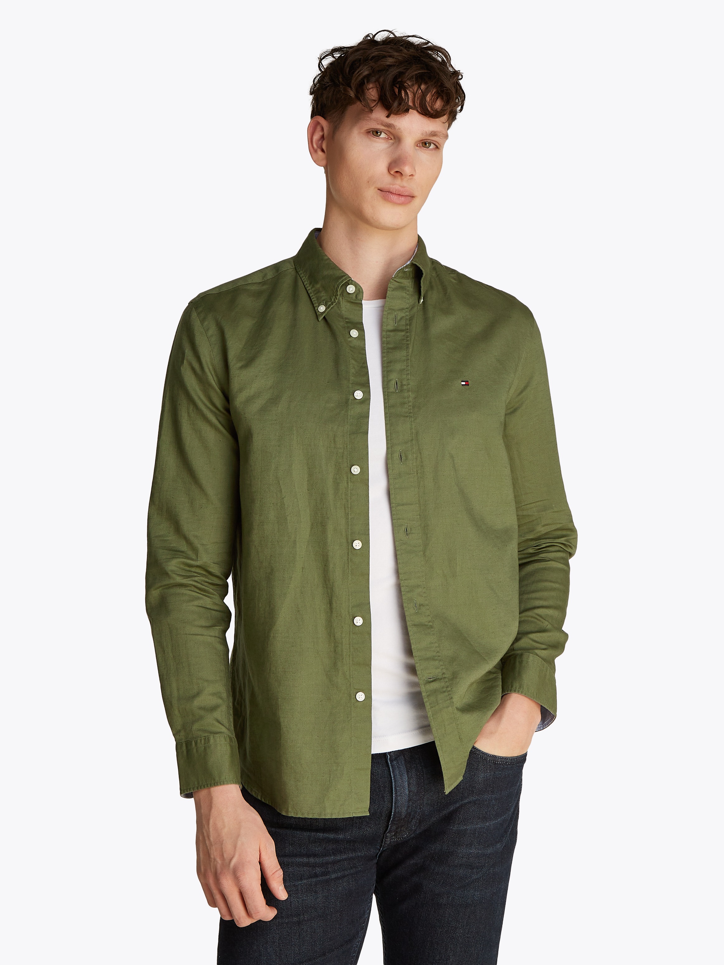 Tommy Hilfiger Langarmhemd "LINEN BLEND SOLID Regular Fit SHIRT" mit Button günstig online kaufen