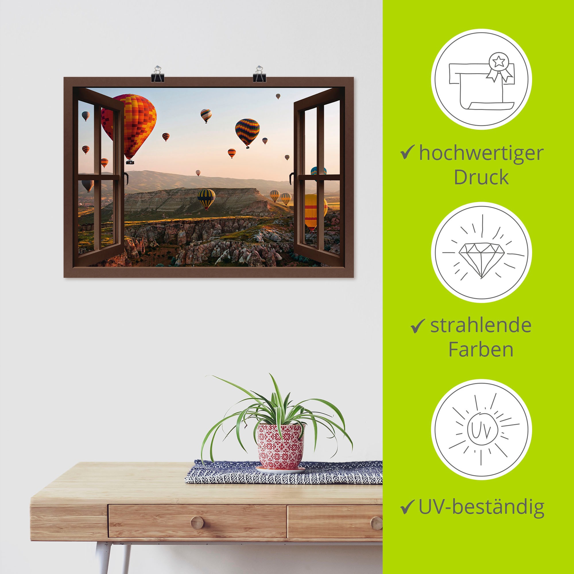 Artland Wandbild »Fensterblick Kappadokien Ballonfahrt«, Ballonfahren, (1 St.), als Leinwandbild, Poster, Wandaufkleber in verschied. Größen