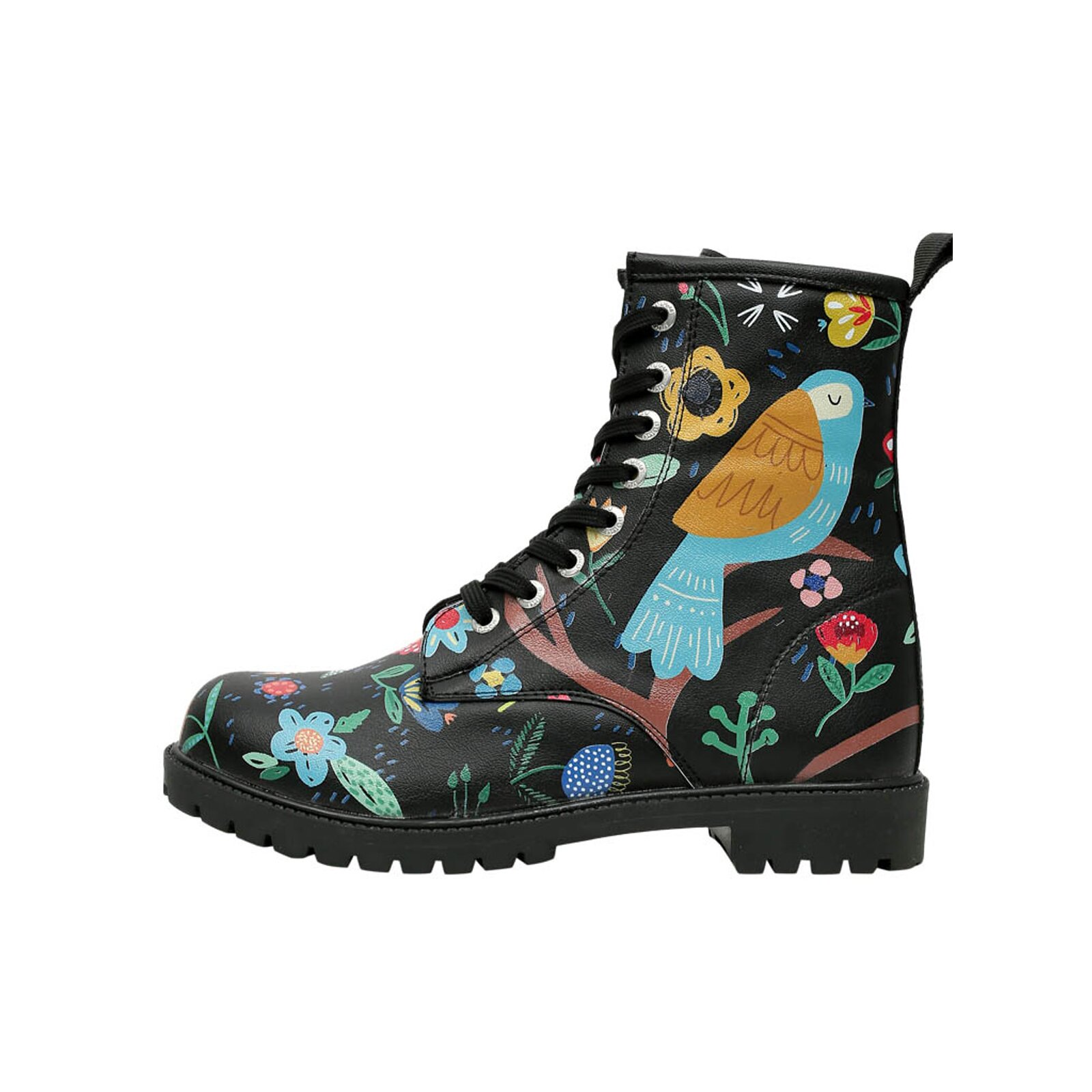 Thumbnail - DOGO Schnürboots "Longe Boots Schnürstiefel Flower & Birds Black Damen", Handgefertigt