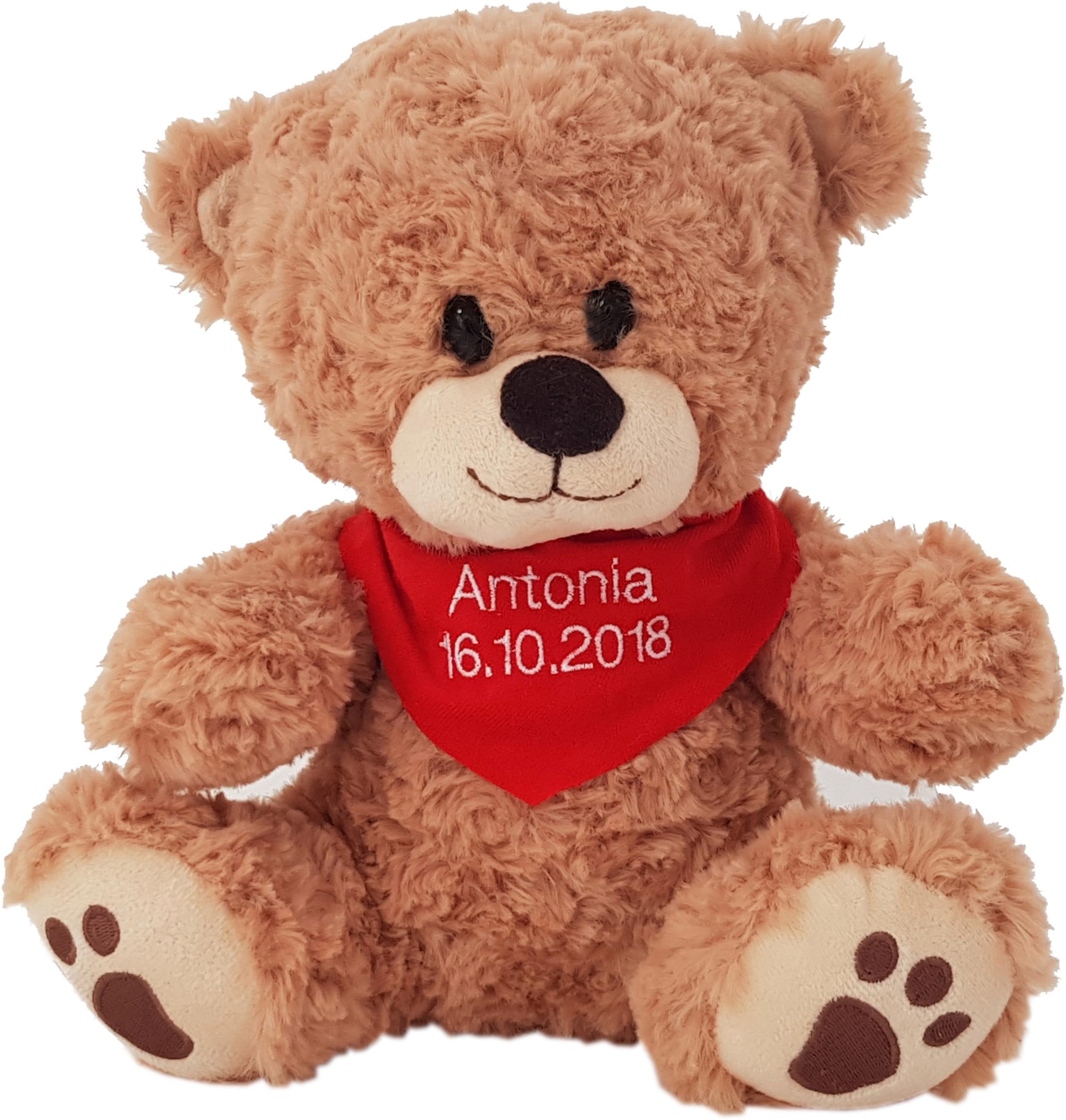Kuscheltier Bär, sitzend mit rotem Halstuch