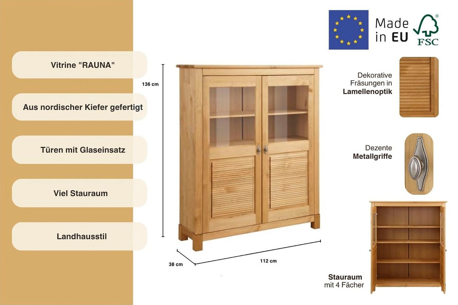 Home affaire Highboard »Rauna«, Vitrine, Breite 111,6 cm, aus massiver Kiefer