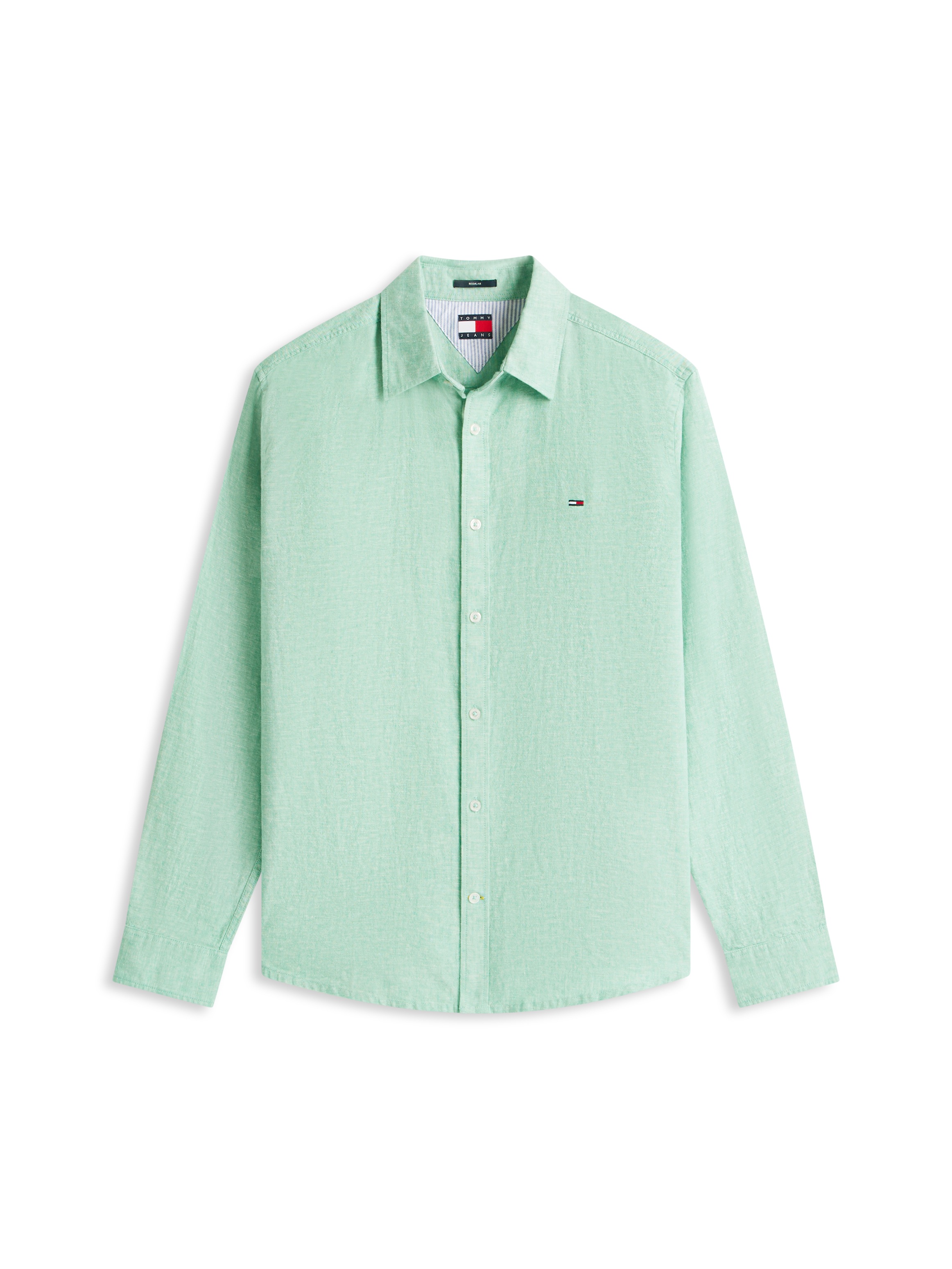Langarmhemd TOMMY JEANS "TJM REGULAR FIT LINEN BLEND", Herren, Gr. XL, N-Gr, bahama grün, Web, Obermaterial: 55% Leinen, 45% Baumwolle, unifarben, regular fit normal, Rundhals, eingesetzt Manschette, Hemden 4