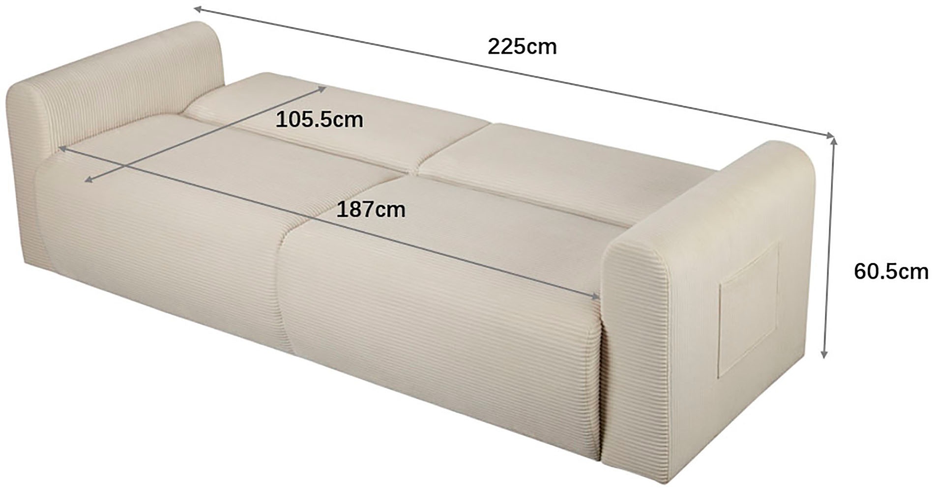 OTTO home 3-Sitzer »JONAA Schlafsofa 225 cm« Liegefläche 105/187 cm, softer Cord-Bezug
