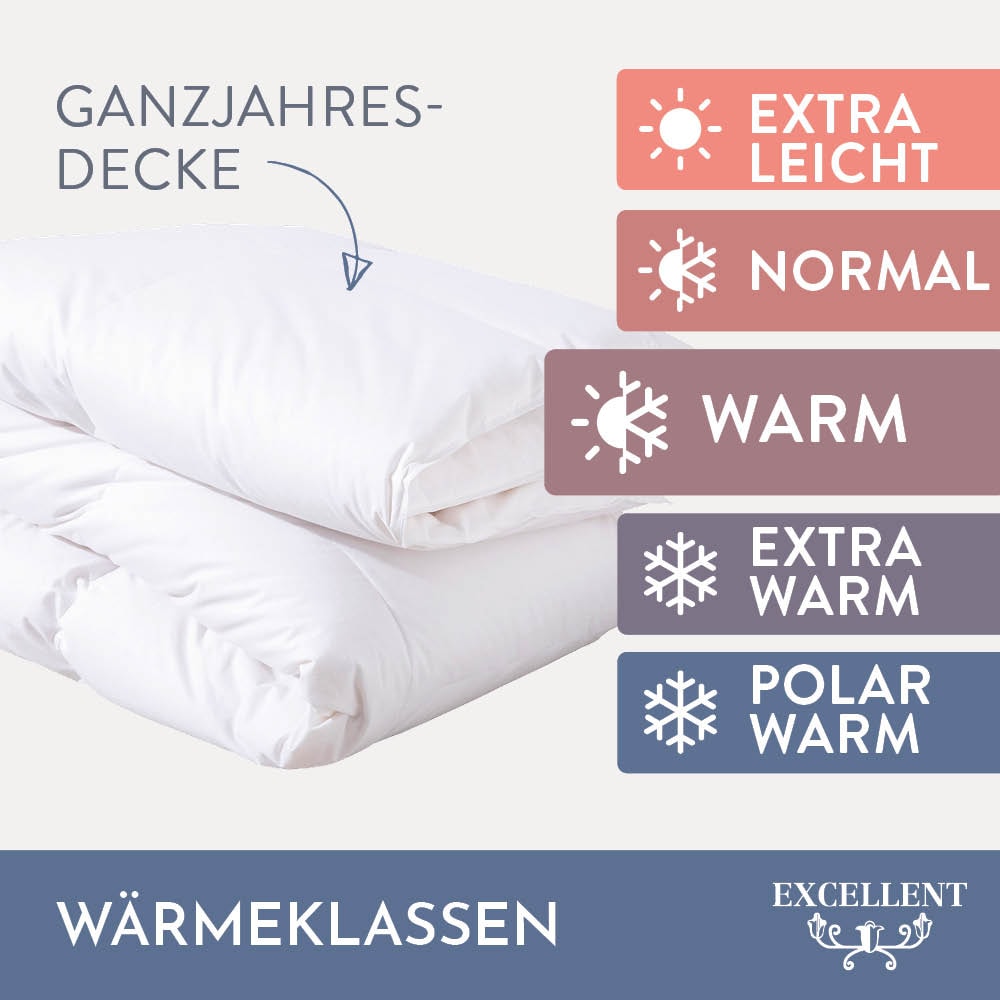 Excellent Daunenbettdecke »Wien, Bettdecken für Sommer und Winter, Decke«, warm, Füllung 90% Daunen, 10% Federn, Bezug 100% Baumwolle, (1 St.), Bettdecke 135x200 cm, made in Germany, allergiker geeignet (Hausstaub)