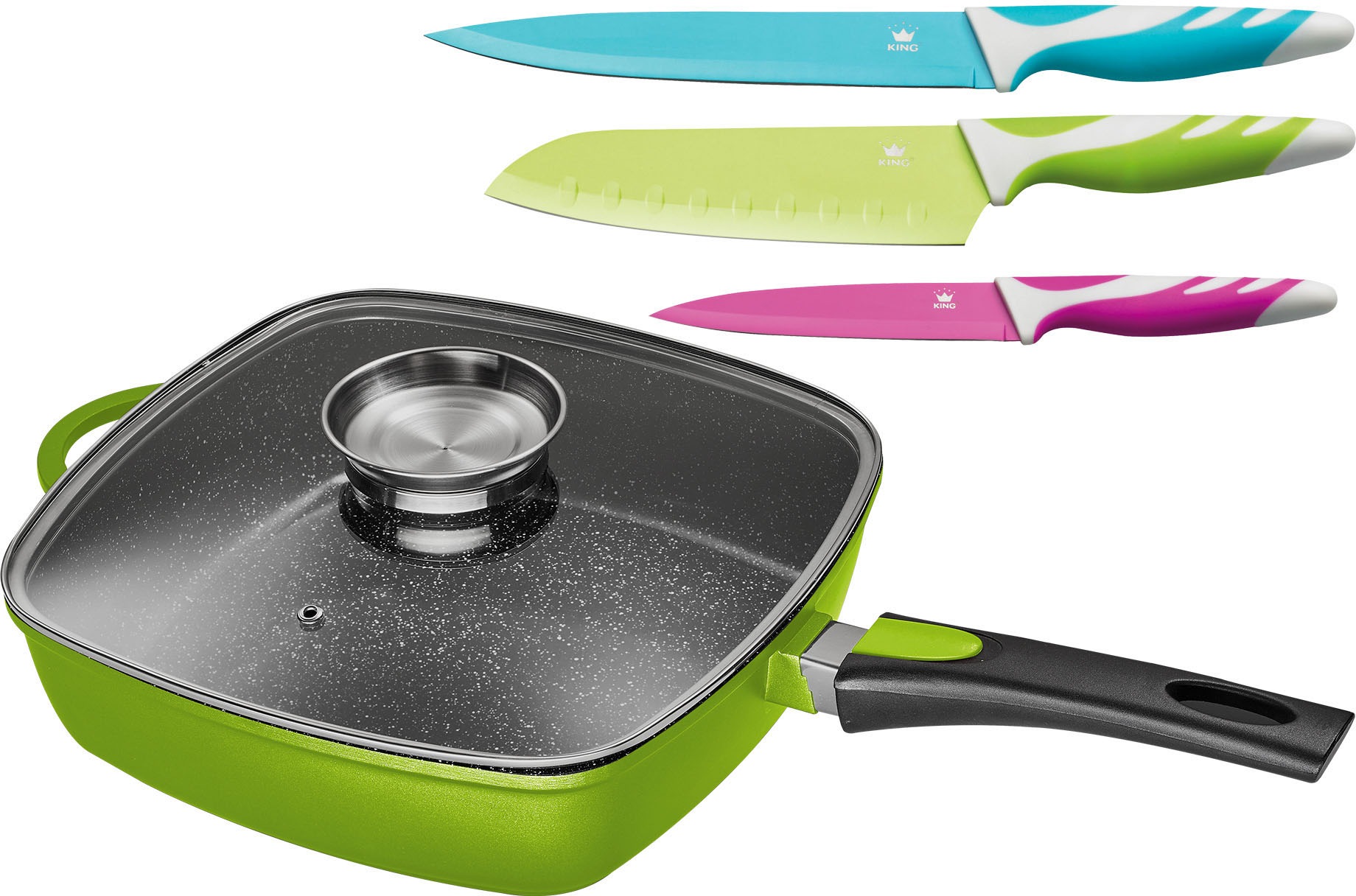 KING Bratpfanne Aluminiumguss Set, 1 Eckpfanne, 1 Glasdeckel, 3 Messer, 5 S günstig online kaufen
