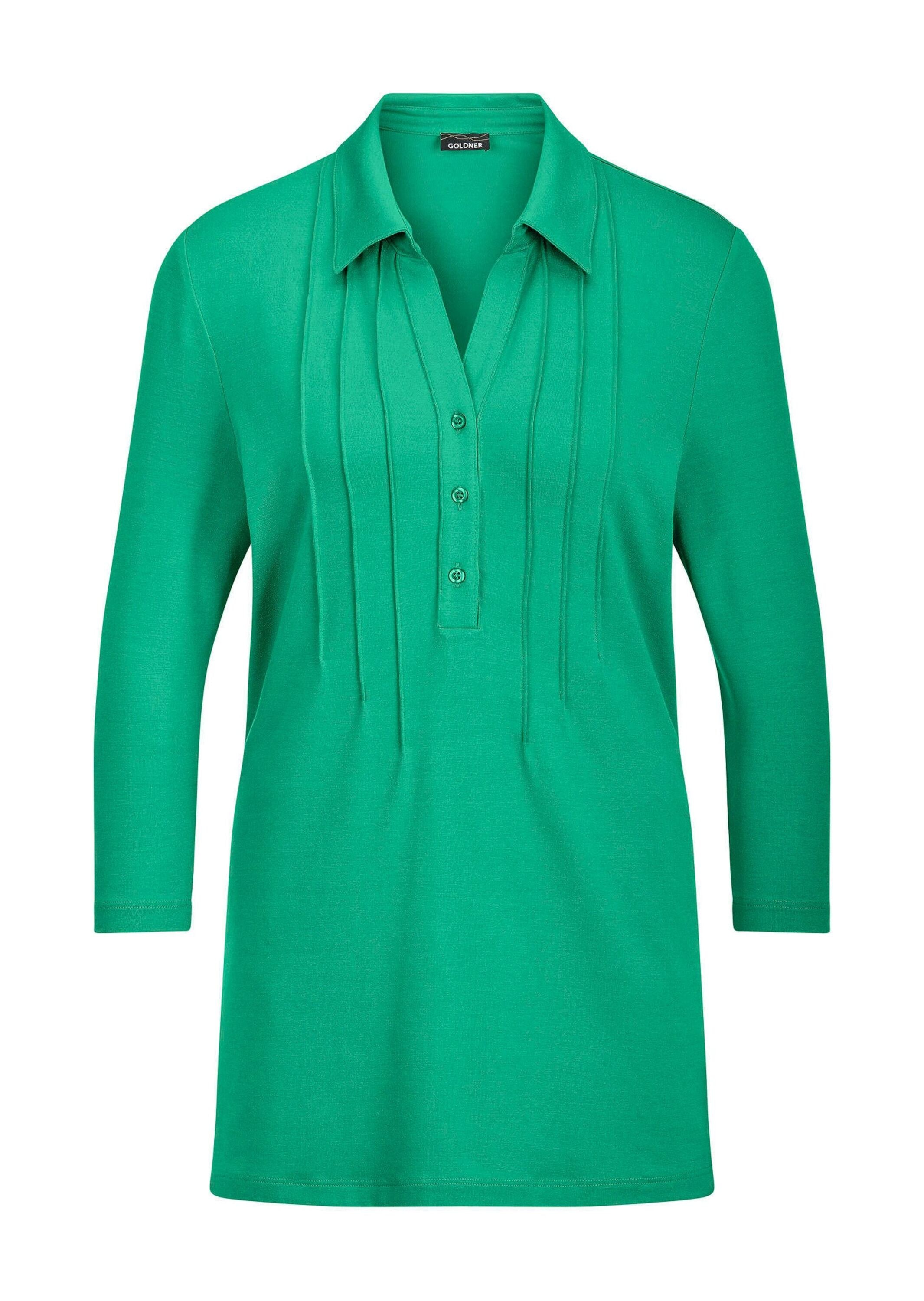 Tunika GOLDNER "Kurzgröße Elegantes Blusenshirt mit Biesen", Damen, Gr. 21, grün, Obermaterial: 95% Viskose CV. 5% Elasthan EL., figurumspielend, Tuniken, stretchbequeme Jerseyqualität