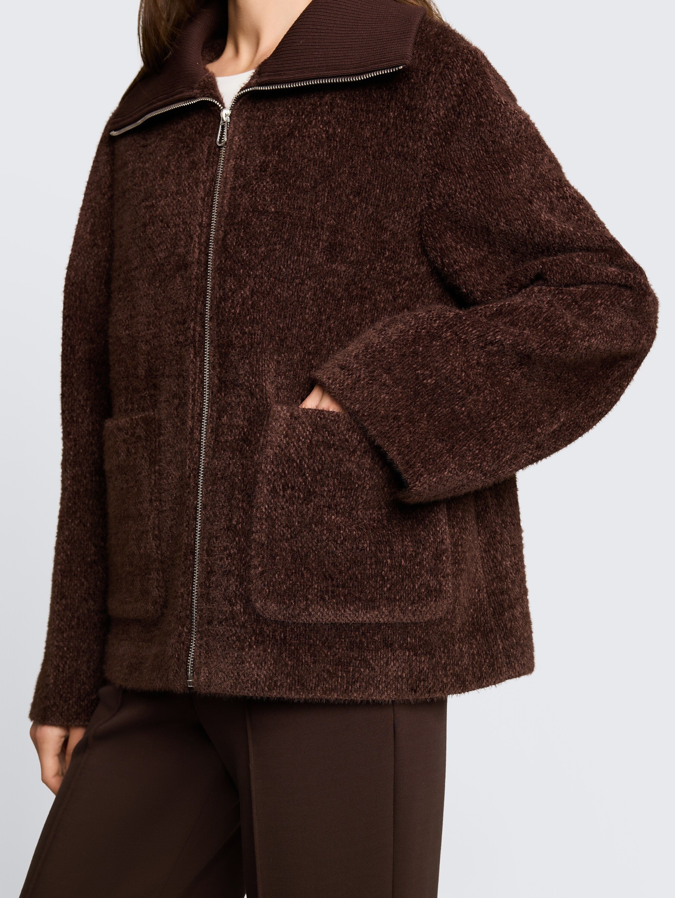 TOM TAILOR Strickfleecejacke ohne Kapuze mit Strick-Struktur und großem Kragen