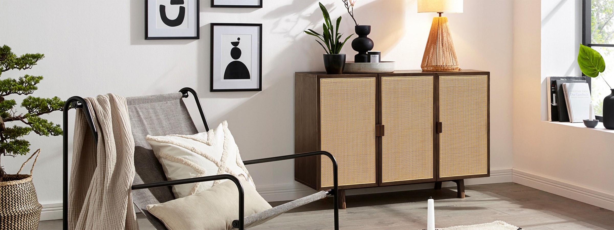 LeGer Home by Lena Gercke Sideboard »Lina« Mit Rattan Einsatz, 4 Innenfächer, teilmassiv