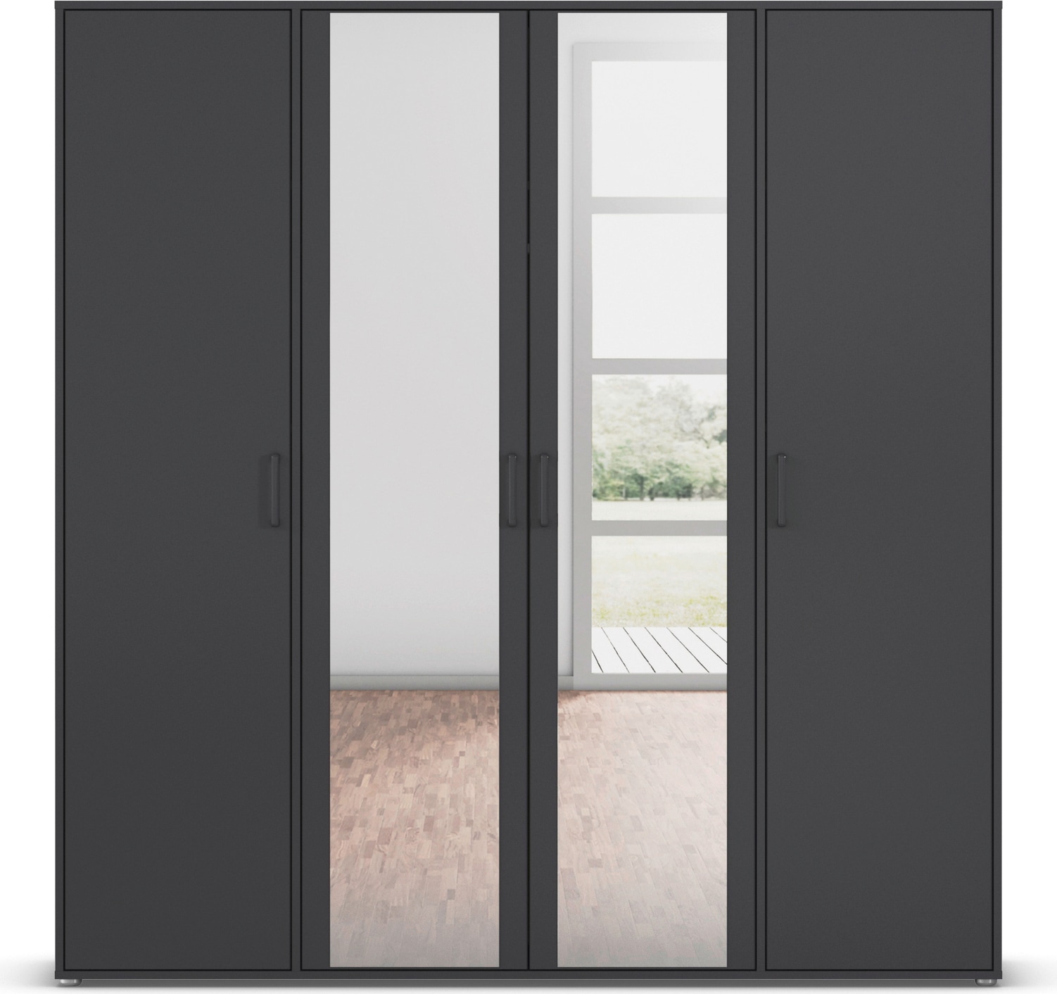 rauch Drehtürenschrank »Kleiderschrank Schrank Garderobe Wäscheschrank VOYAGER«, (in 3 verschiedenen Ausstattungen BASIC/CLASSIC/PREMIUM), mit modernen Griffen in Graumetallic und Spiegel