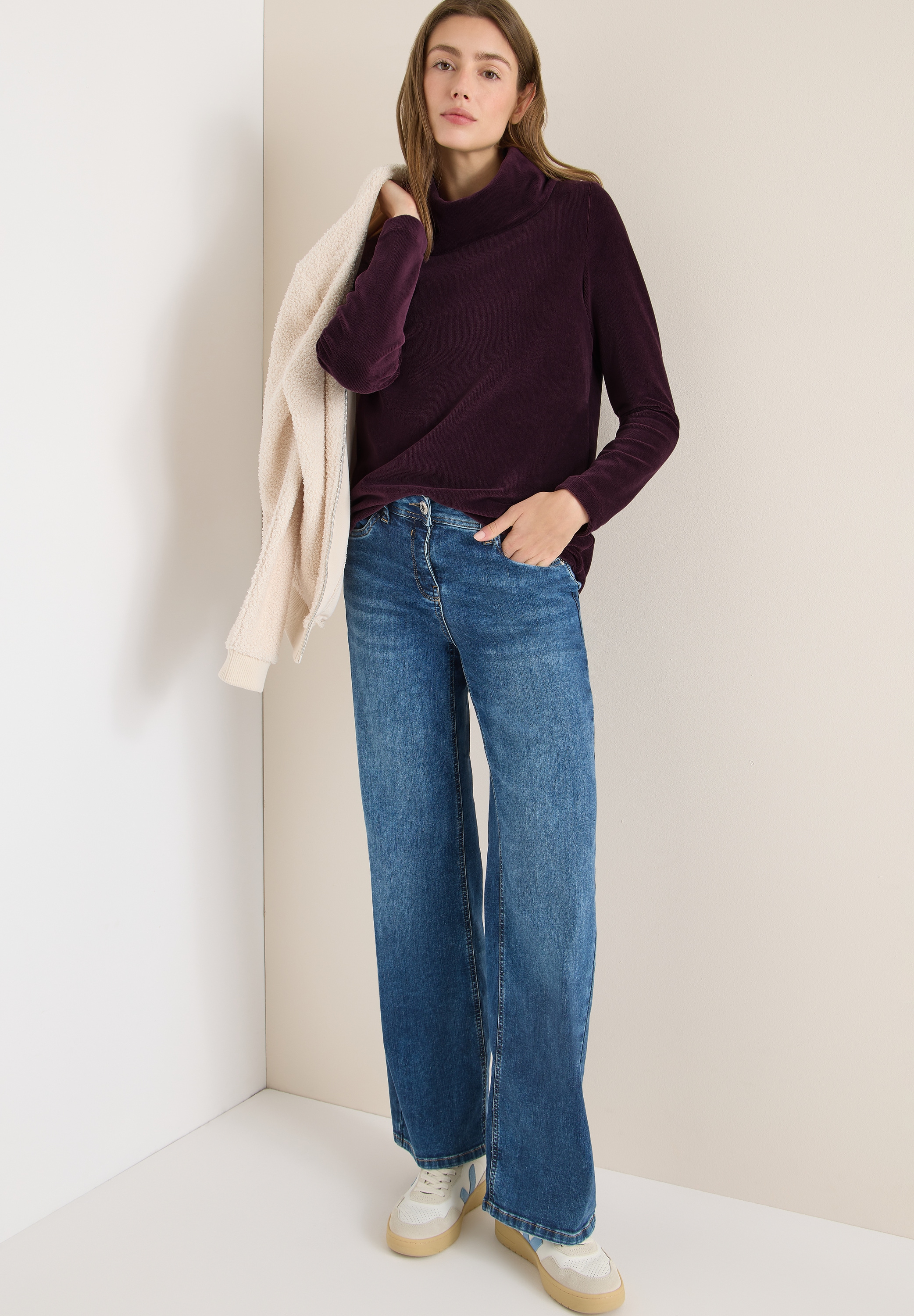 Cecil Rundhalspullover Cord Shirt mit großem Kragen