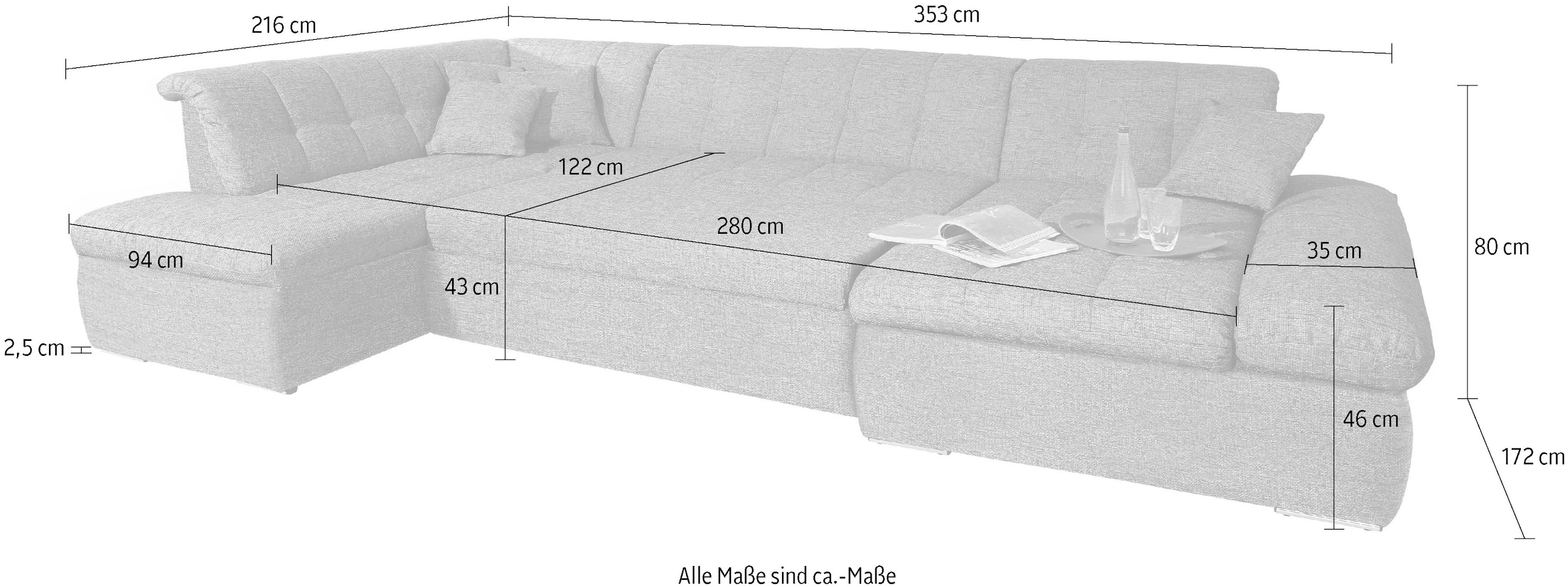 DOMO collection Wohnlandschaft »NMoric im XXL-Format, B/T/H: 353/216/80 cm, incl. Zierkissen U-Form«, wahlweise mit Bettfunktion und Armlehnenverstellung