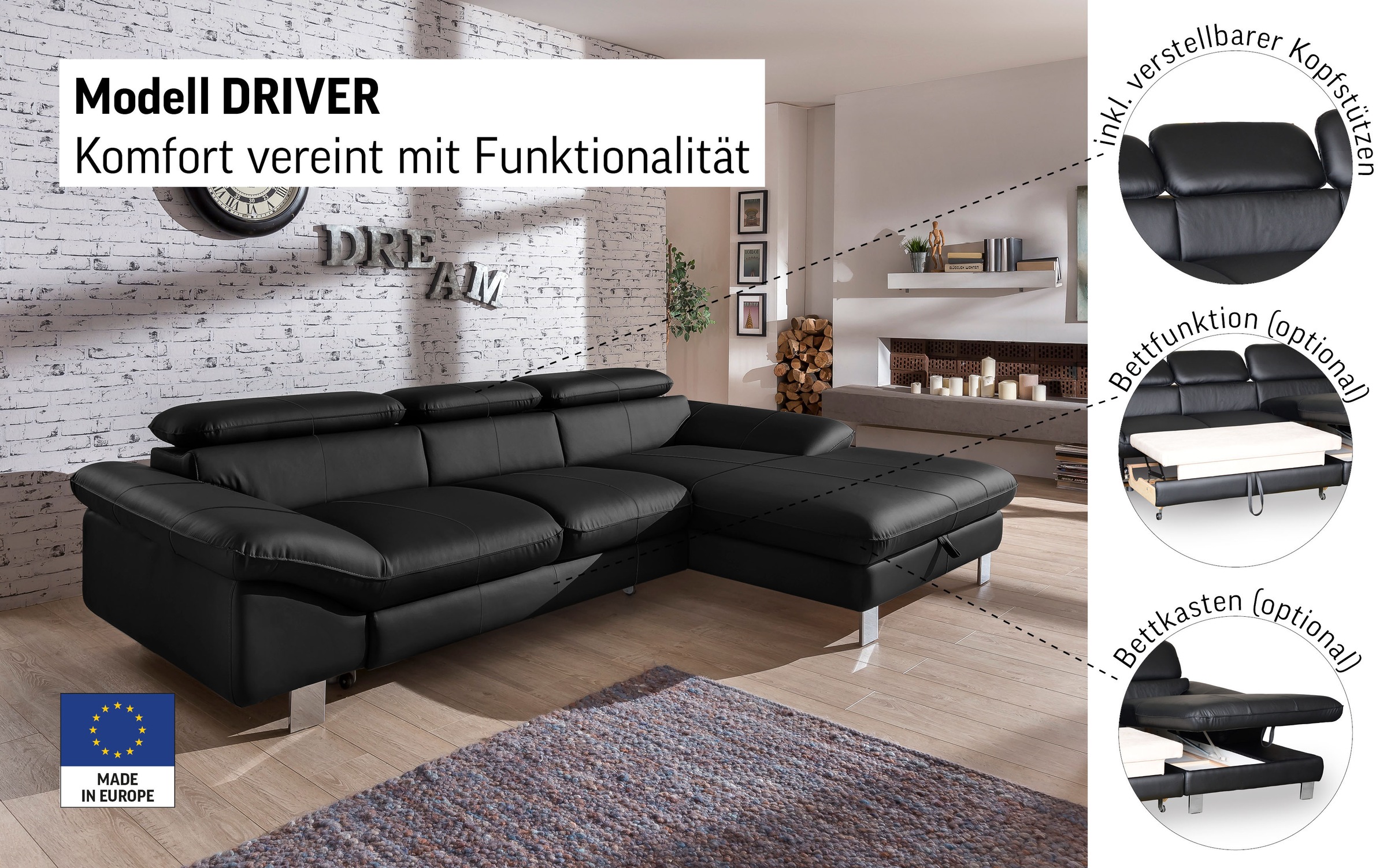 COTTA Ecksofa »Driver L-Form« mit Kopfteilverstellung, wahlweise mit Bettfunktion & Bettkasten