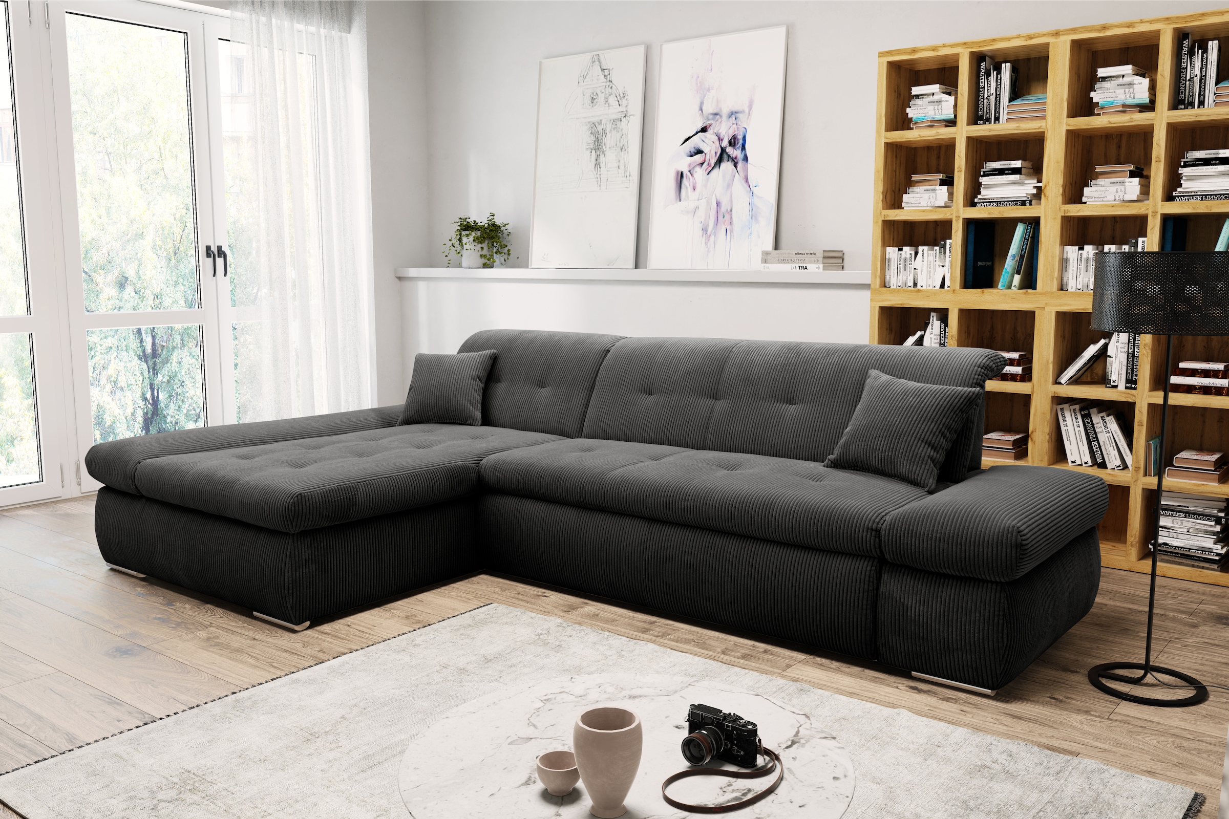 DOMO collection Ecksofa "MORIC Massiv - Belastbar bis 140 kgxSitz, 300x172 cm, XXL-Format" L-Form, Cord, grau
