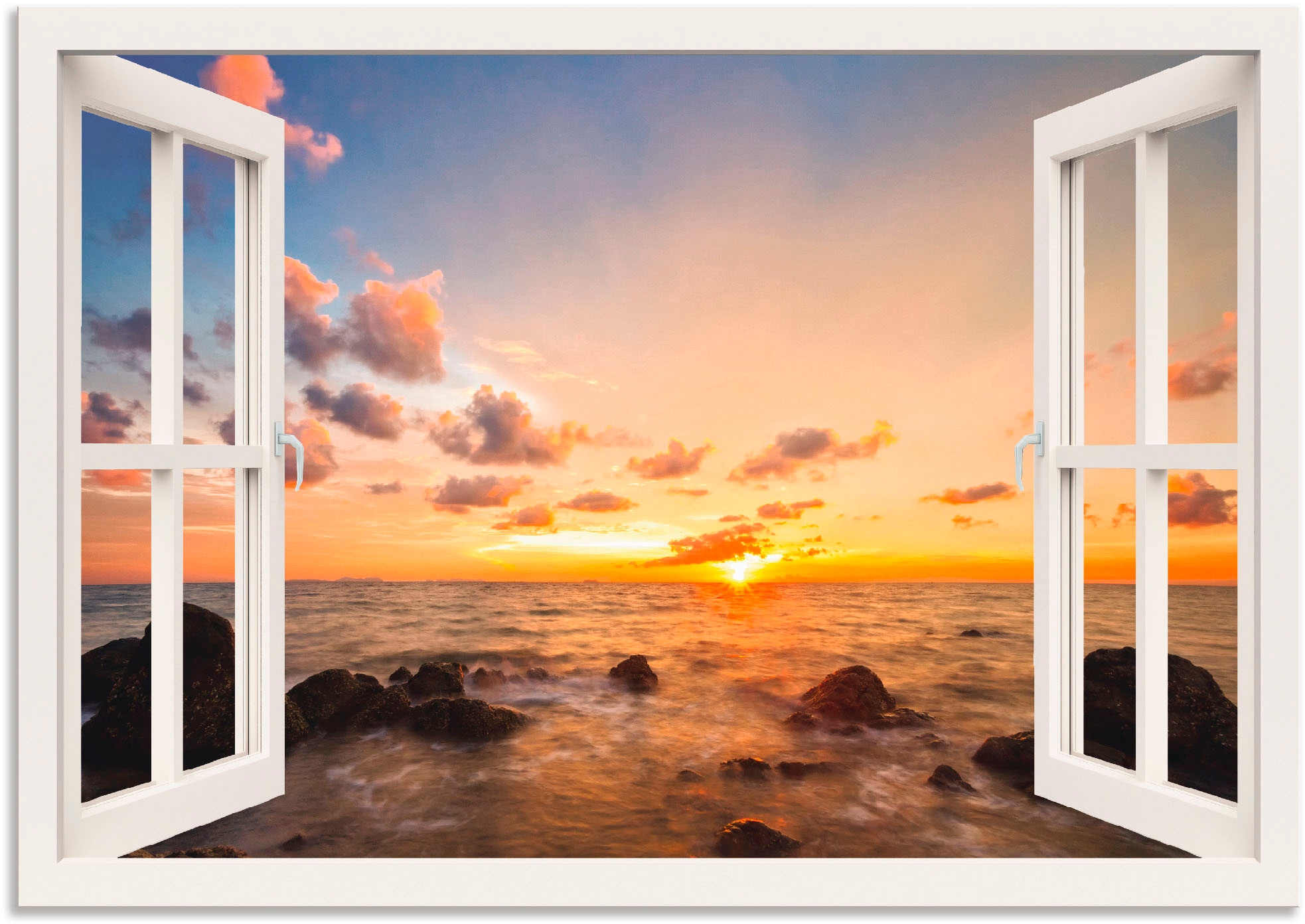 Leinwandbild, Meer«, »Fensterblick Alubild, als BAUR Wandbild Artland oder Größen (1 Poster am bestellen in Wandaufkleber Fensterblick, Sonnenuntergang versch. | St.),