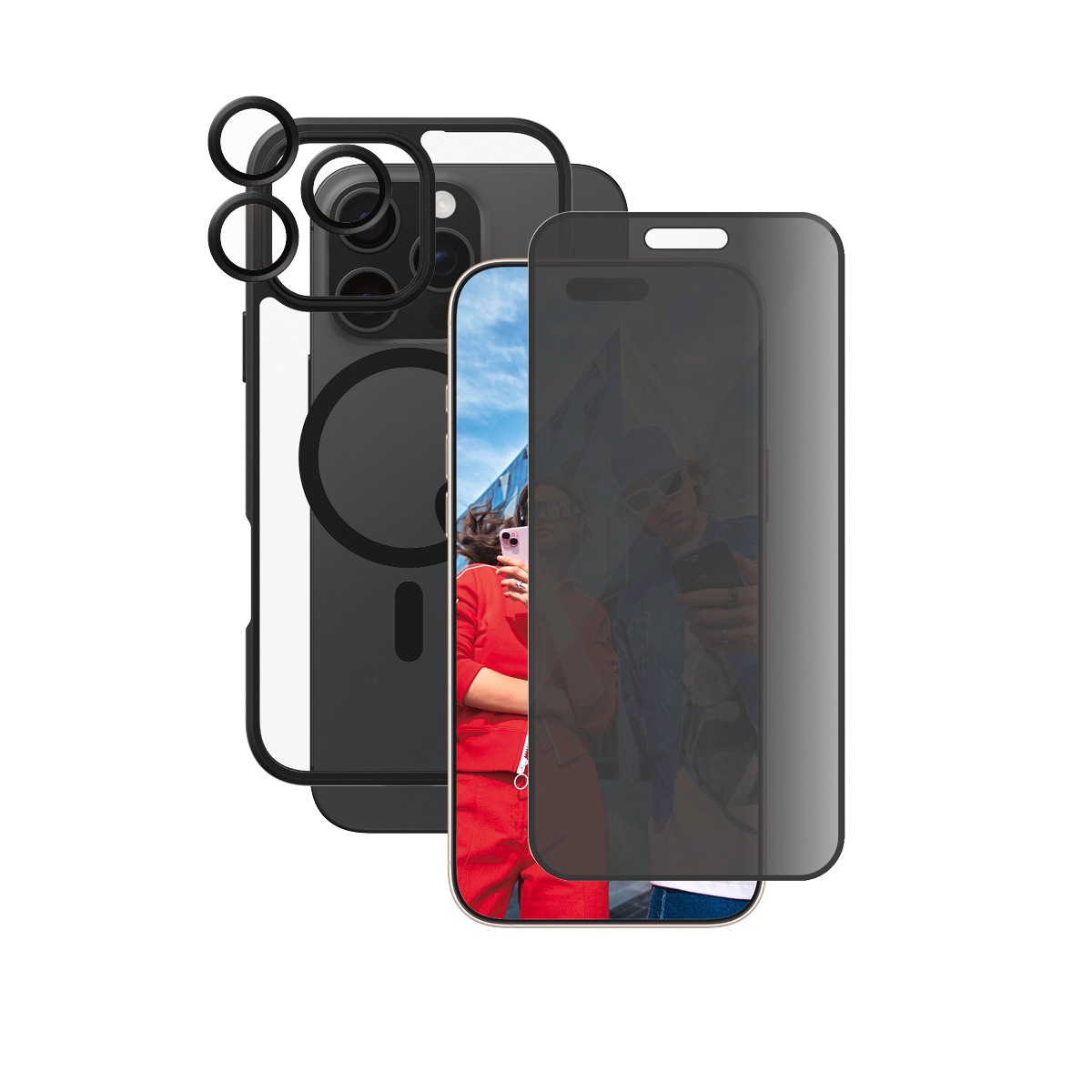 CARE by PanzerGlass Displayschutzglas »3-in-1 Protection, Privacy Glass, Case, Lens Cover«, für Apple iPhone 16 Pro Max, Displayschutzfolie, Schutzfolie, Bildschirmschutz, kratz- & stoßfest