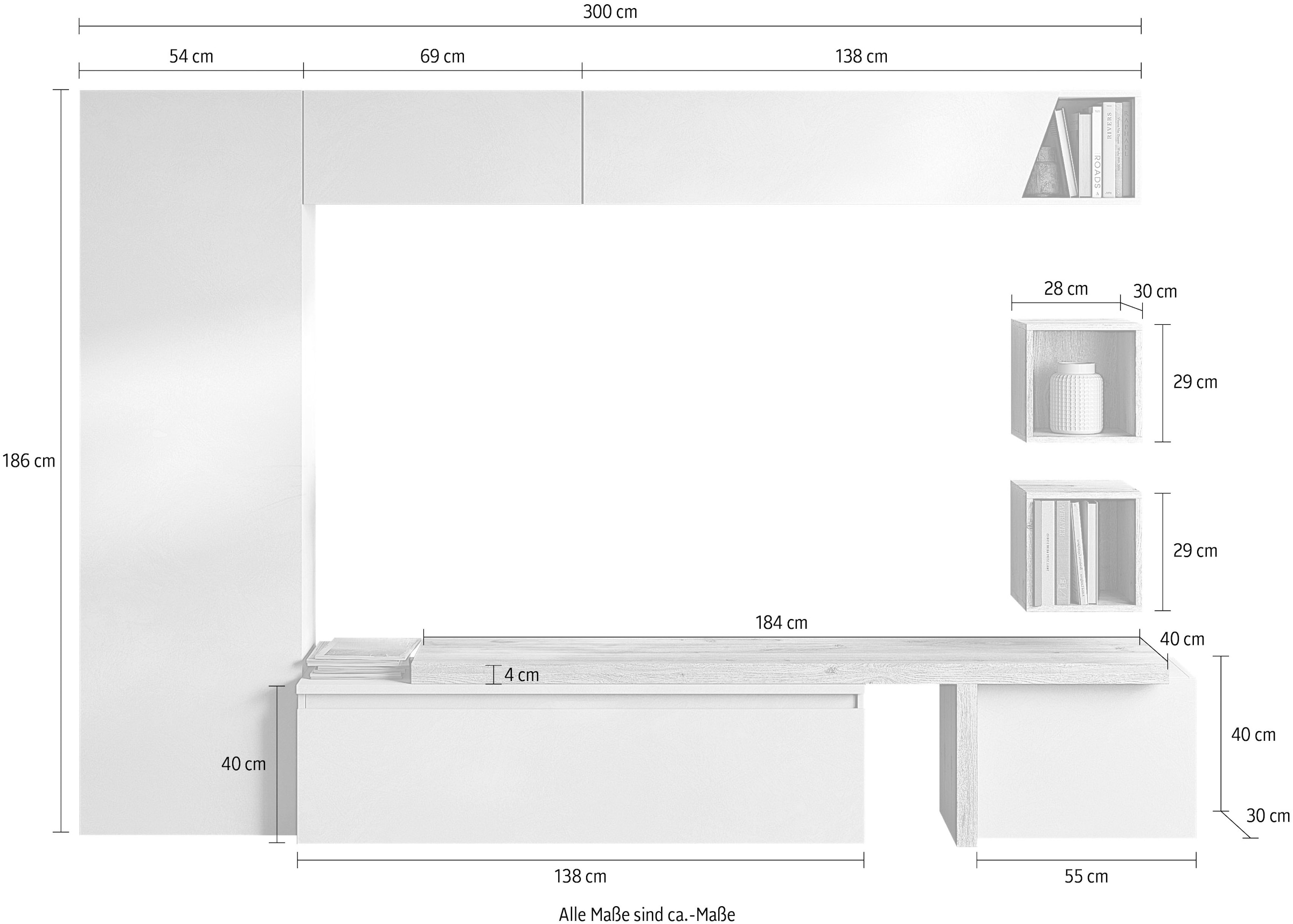 INOSIGN Wohnwand »INFINITY, 7tlg. Breite 300 cm, moderne Mediawand (Lowboard,«, (7 St.), T-Boden, Würfel-Elem., Hochschr., Hängeschr.kl./gr., Würfelregal Set)