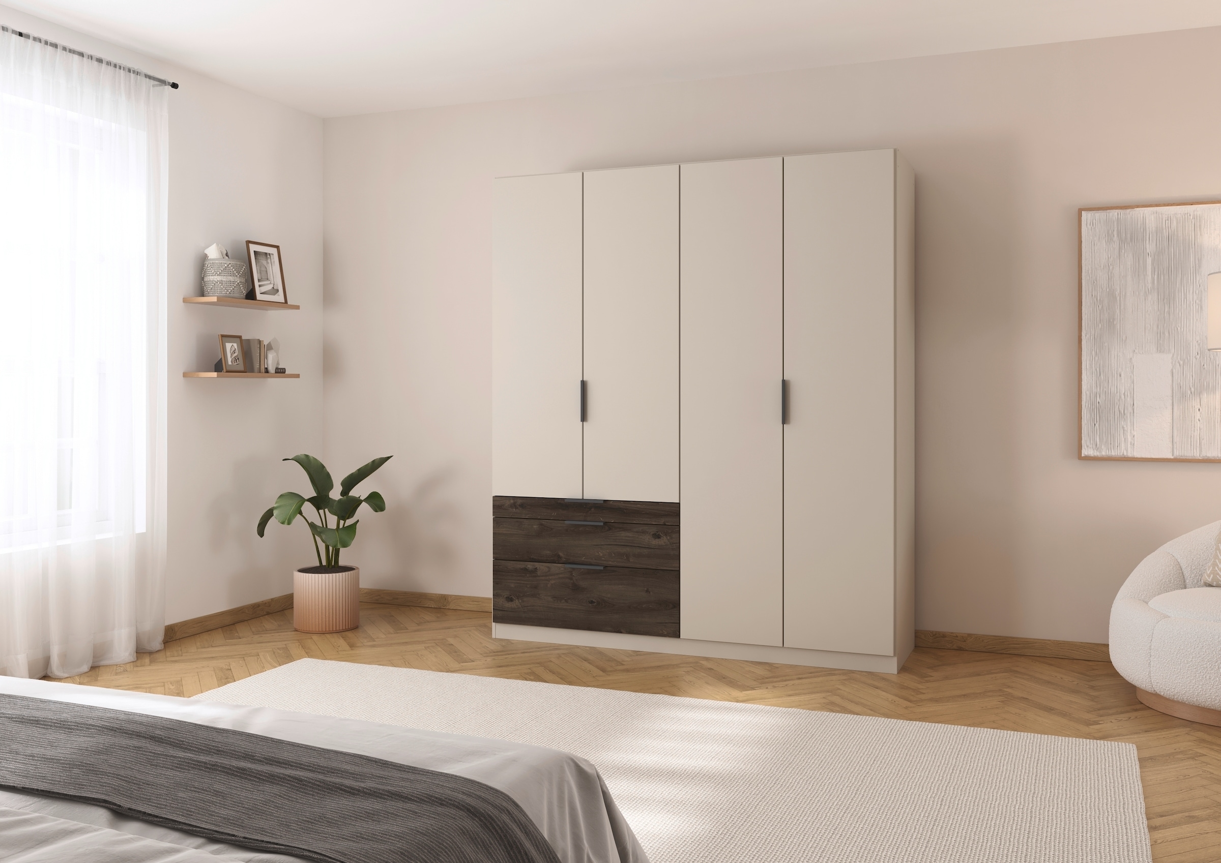 rauch Kleiderschrank »Drehtürenschrank Schrank Garderobe Schlafzimmerschrank KODA«, (oberer Schubkasten mit praktischer Inneneinteilung), mit asymmetrisch angeordneten Schubladen MADE IN GERMANY