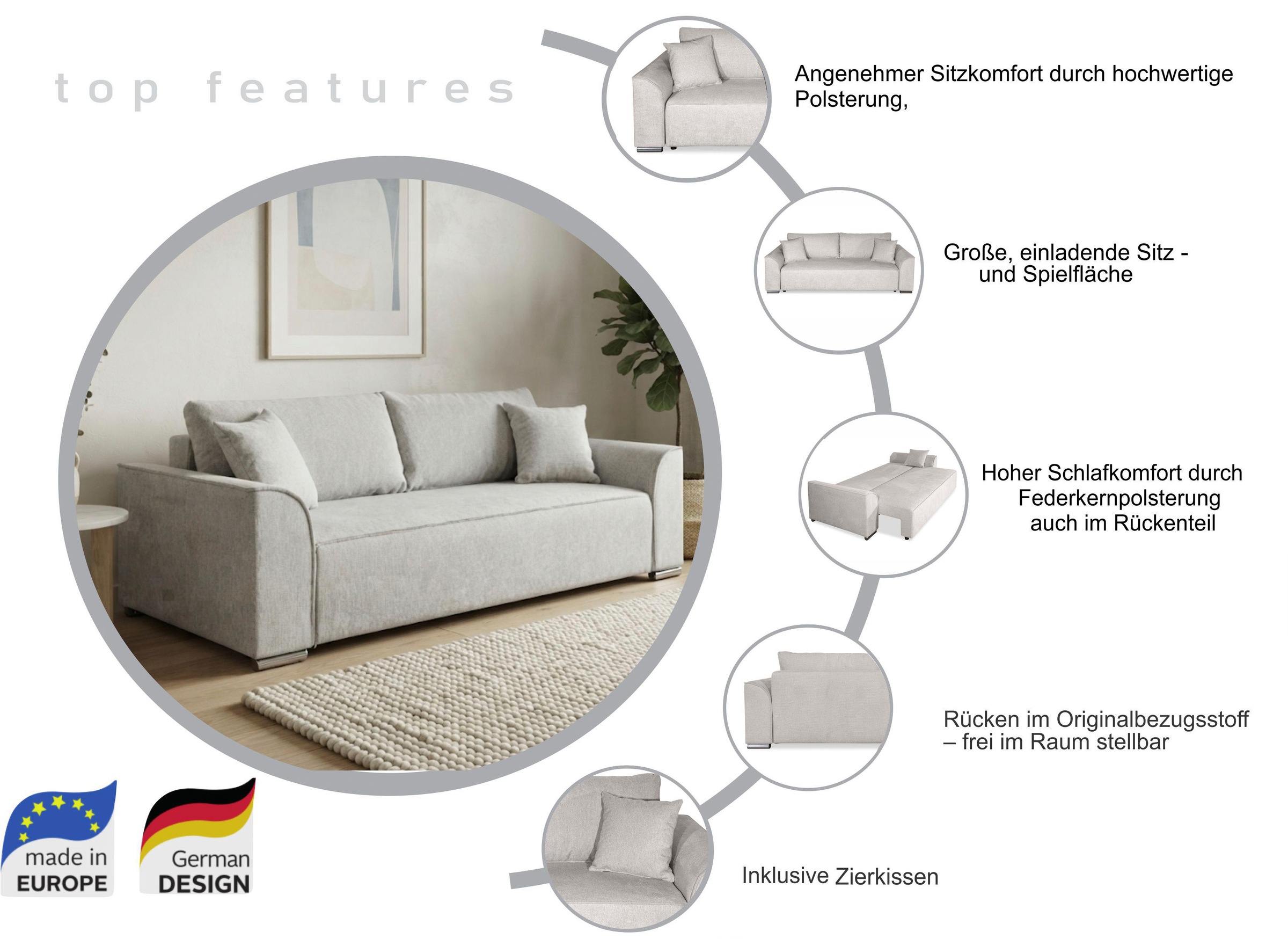 COLLECTION AB Schlafsofa »Sara Sofa« Schlafsofa,Bettfunktion,Bettkasten,Bonnelfederkern,optional mit Topper