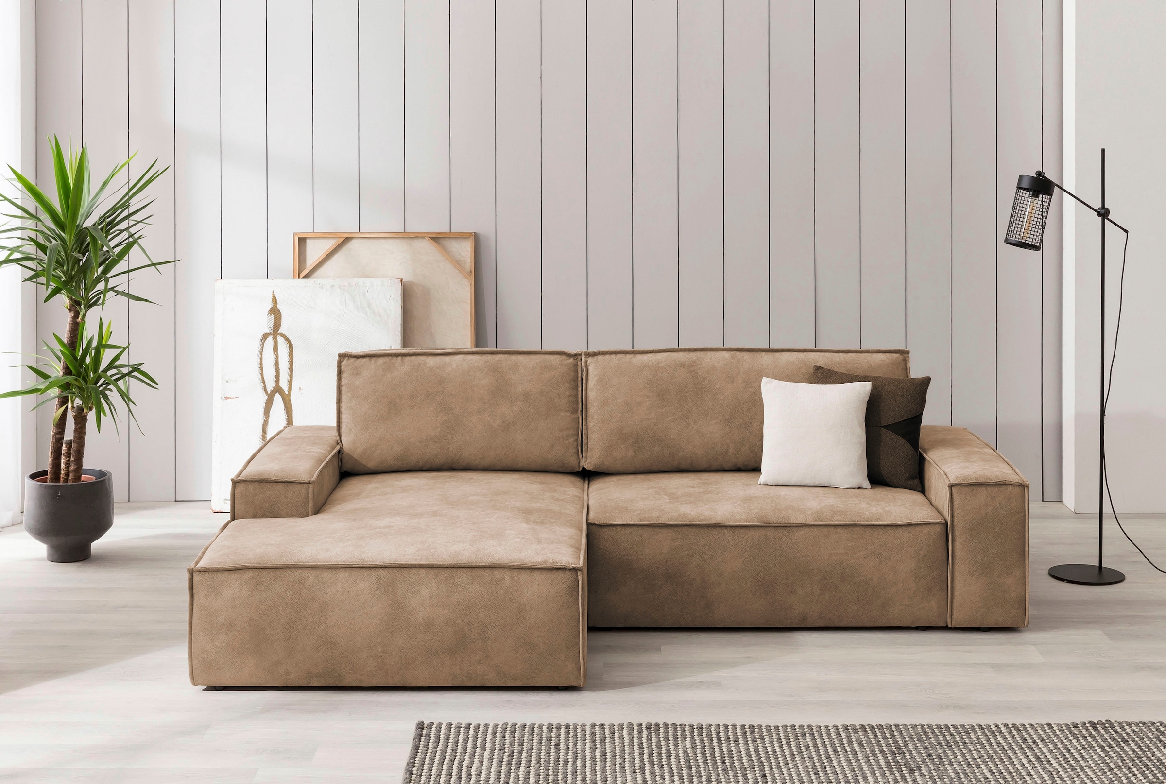 OTTO home Ecksofa "SHERWOOD Vintage Lederoptik L-Form, 267 cm" Schlaffunktion mit Bettkasten (210x136 cm), Cord, Vintage, Samtvelours