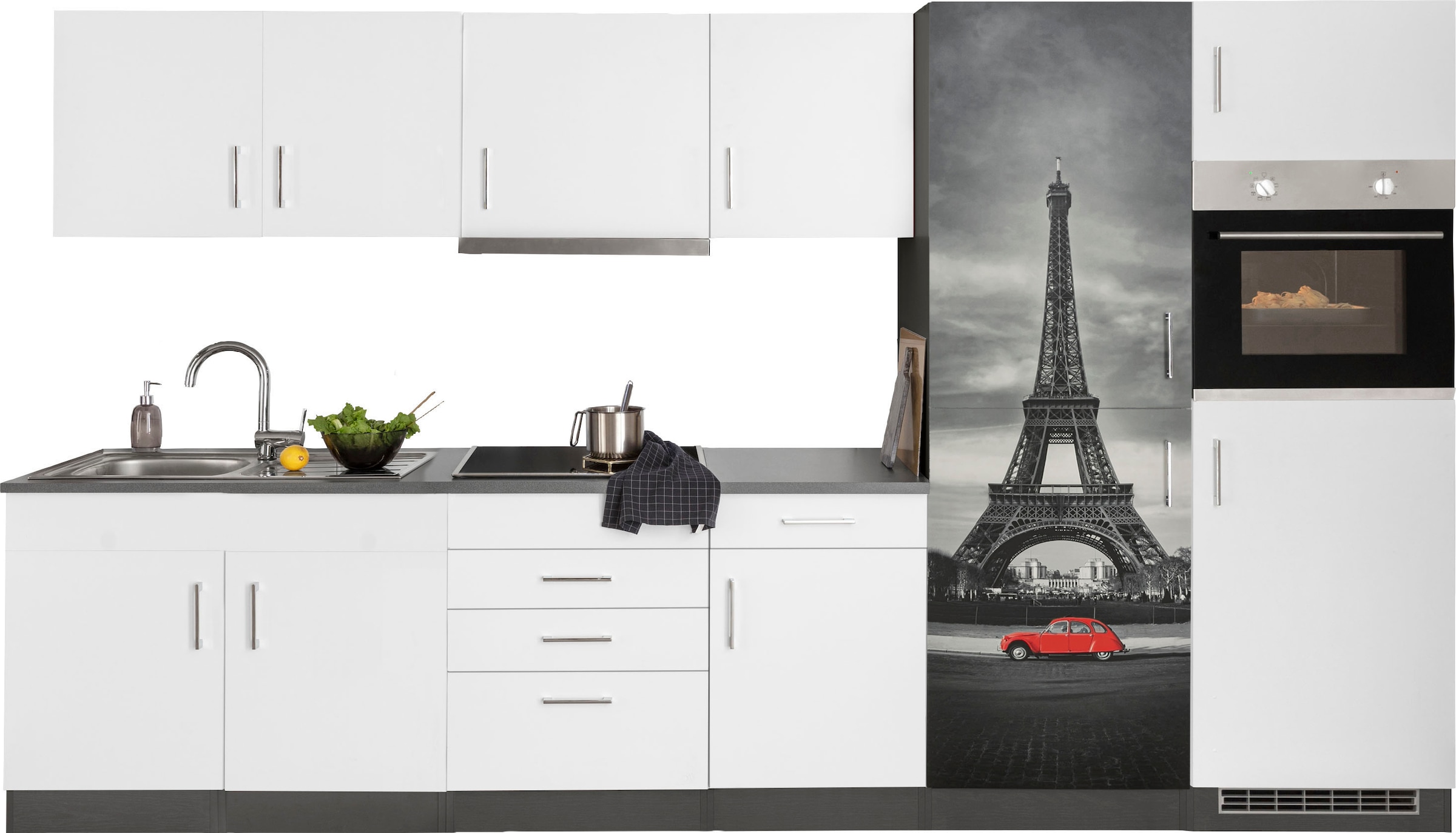 KOCHSTATION Küchenzeile "KS-Paris – Küchen mit einzigartigen Fotomotiven auf den Fronten" Breite 330 cm, wahlweise mit E-Geräten und Induktion