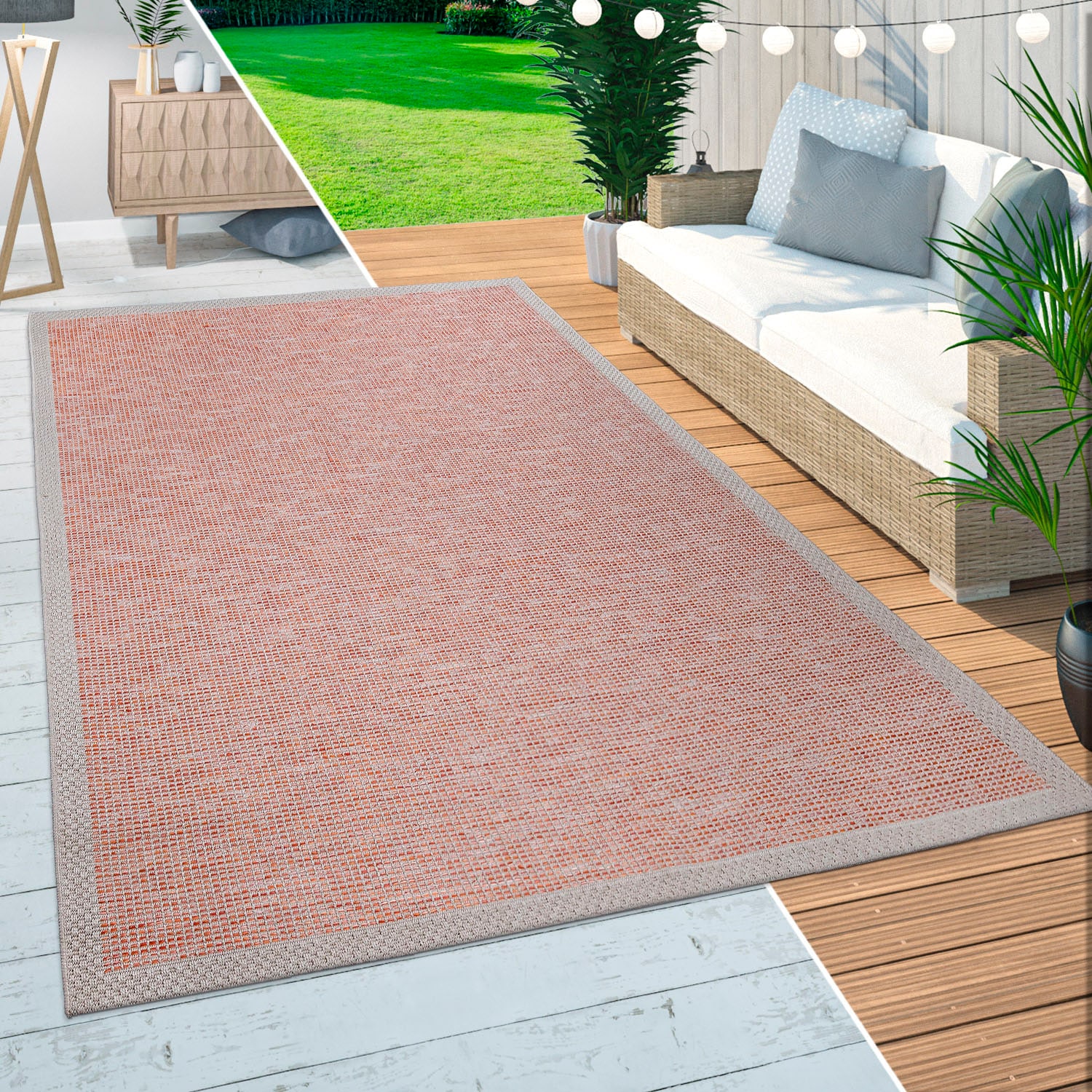 Paco Home Teppich »Quebec 135«, rechteckig, 4 mm Höhe, Flachgewebe, meliert, mit Bordüre, In- und Outdoor geeignet