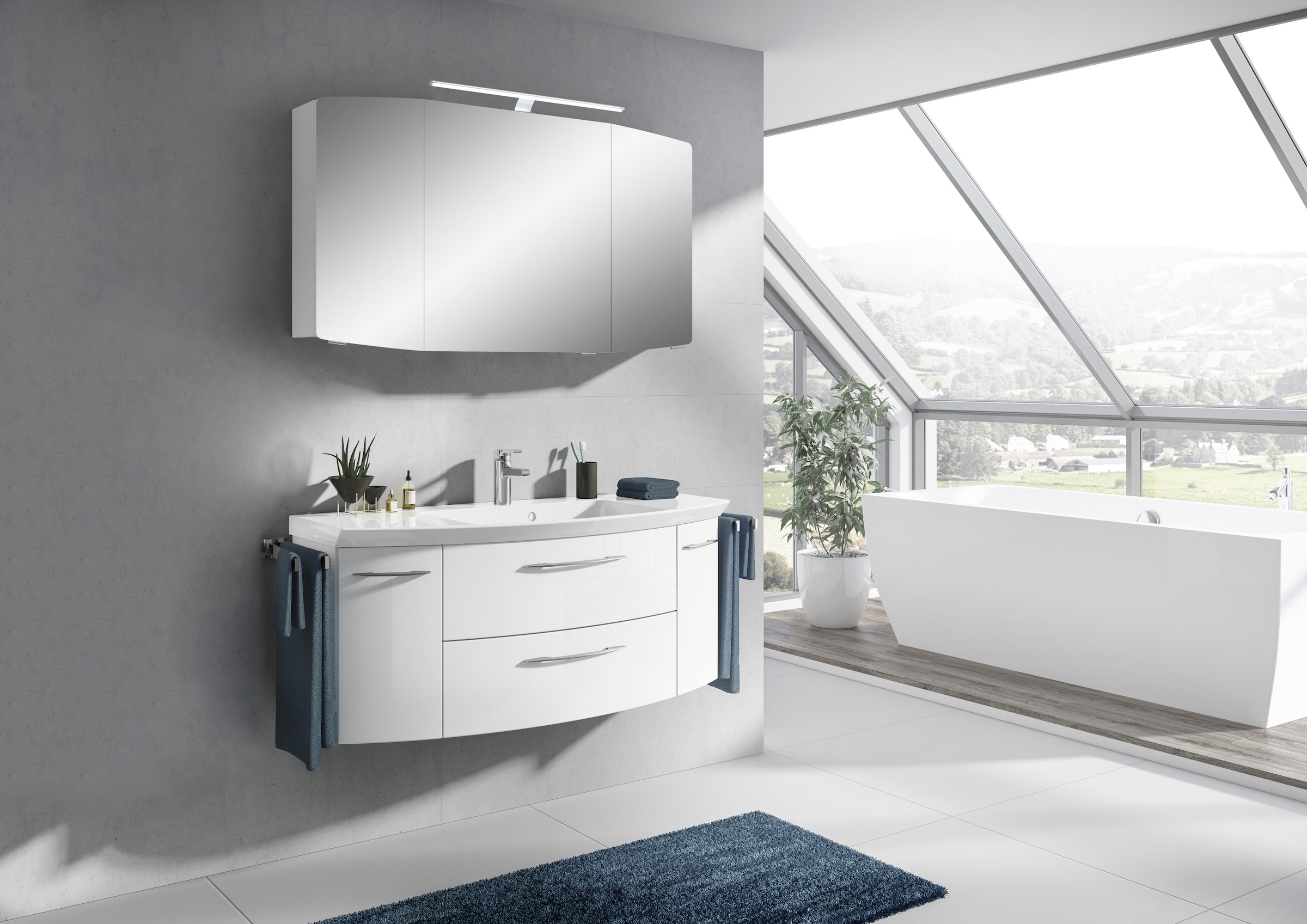 Saphir Badmöbel-Set »Cassca Sprint Waschtisch-Set Mineralmarmor-Waschtisch mit Unterschrank«, (1 St.), Waschplatz mit 2 Türen, 2 Schubladen, inkl. Türdämpfer, Badschrank