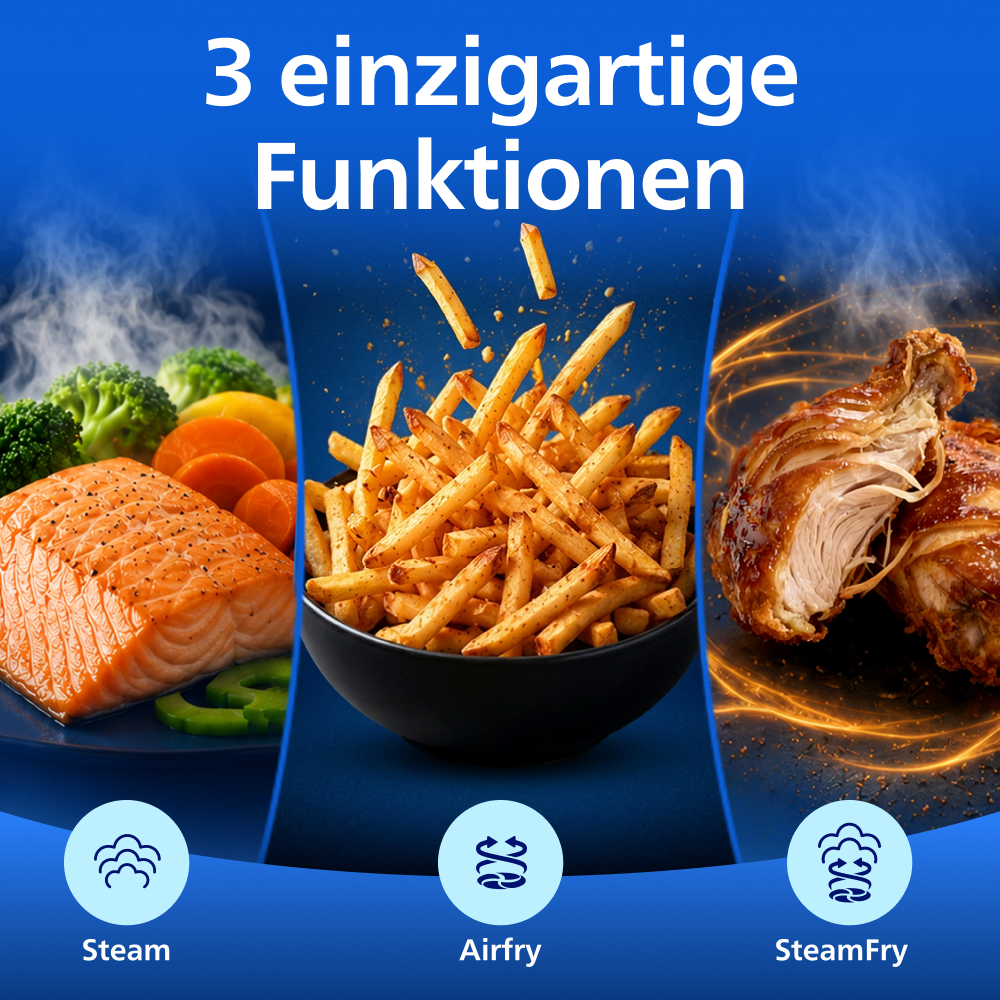 Philips Heißluftfritteuse »NA547/07 Steam Airfryer 5000 Series mit EasySlide, 7,2L Kapazität« 2000 W mit Dampfgarfunktion u. RapidAir Plus Technologie; Schwarz/Gold