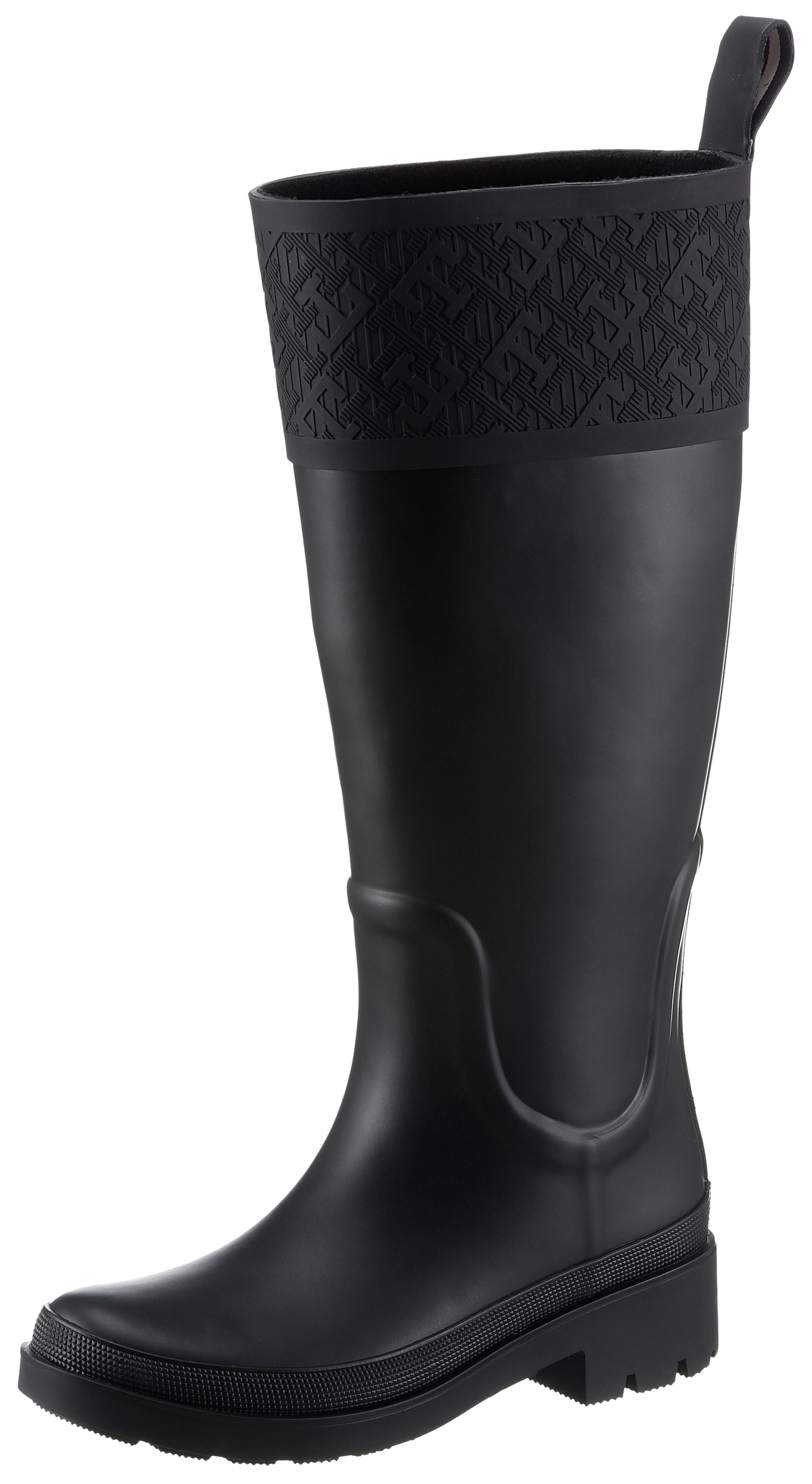 Tommy Hilfiger Gummistiefel "RUBBER LONG BOOT MONOGRAM", Blockabsatz, Schlupfstiefel, Outdoorstiefel, Monogramm-Print