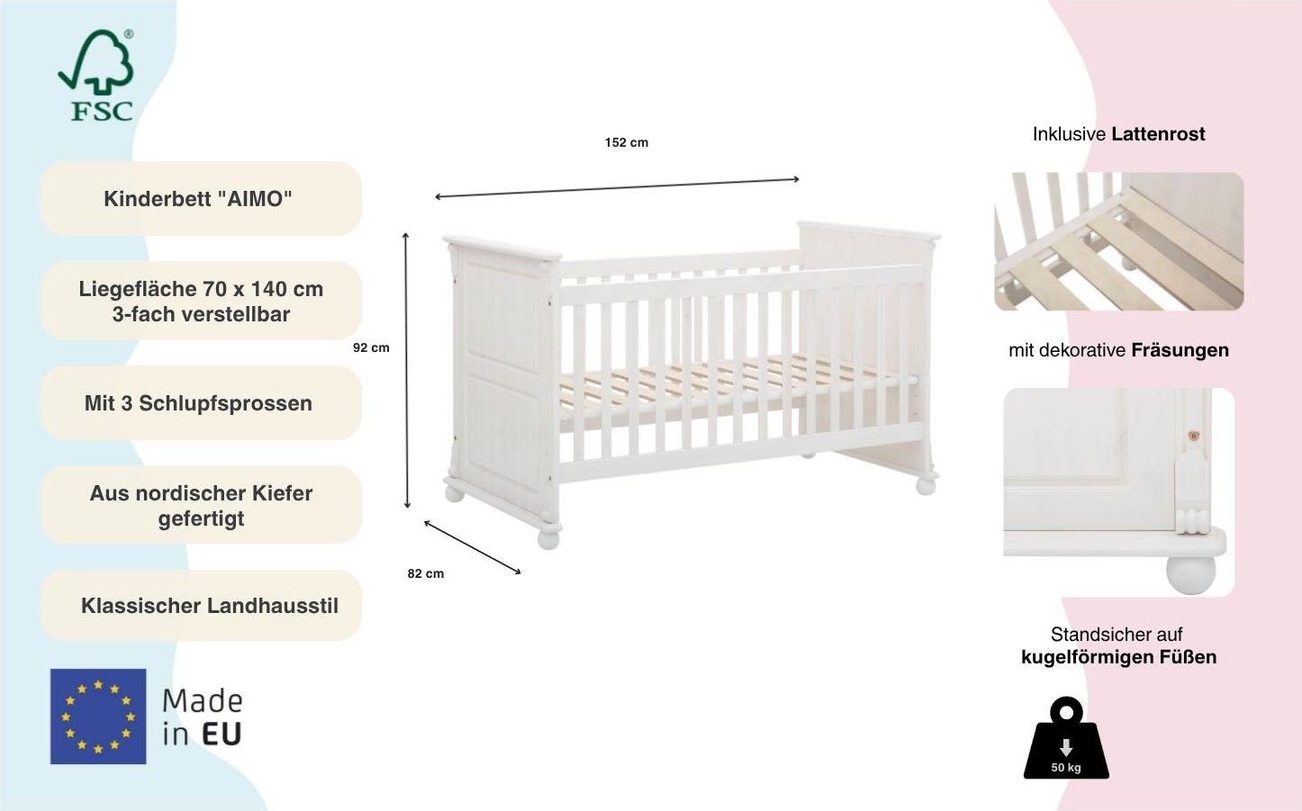 Thumbnail - OTTO home Babybett "Aimo. Landhausstil, mit Kassetten, stabile und hochwertige Qualität" aus Massivholz (Kiefer); FSC-Ho...