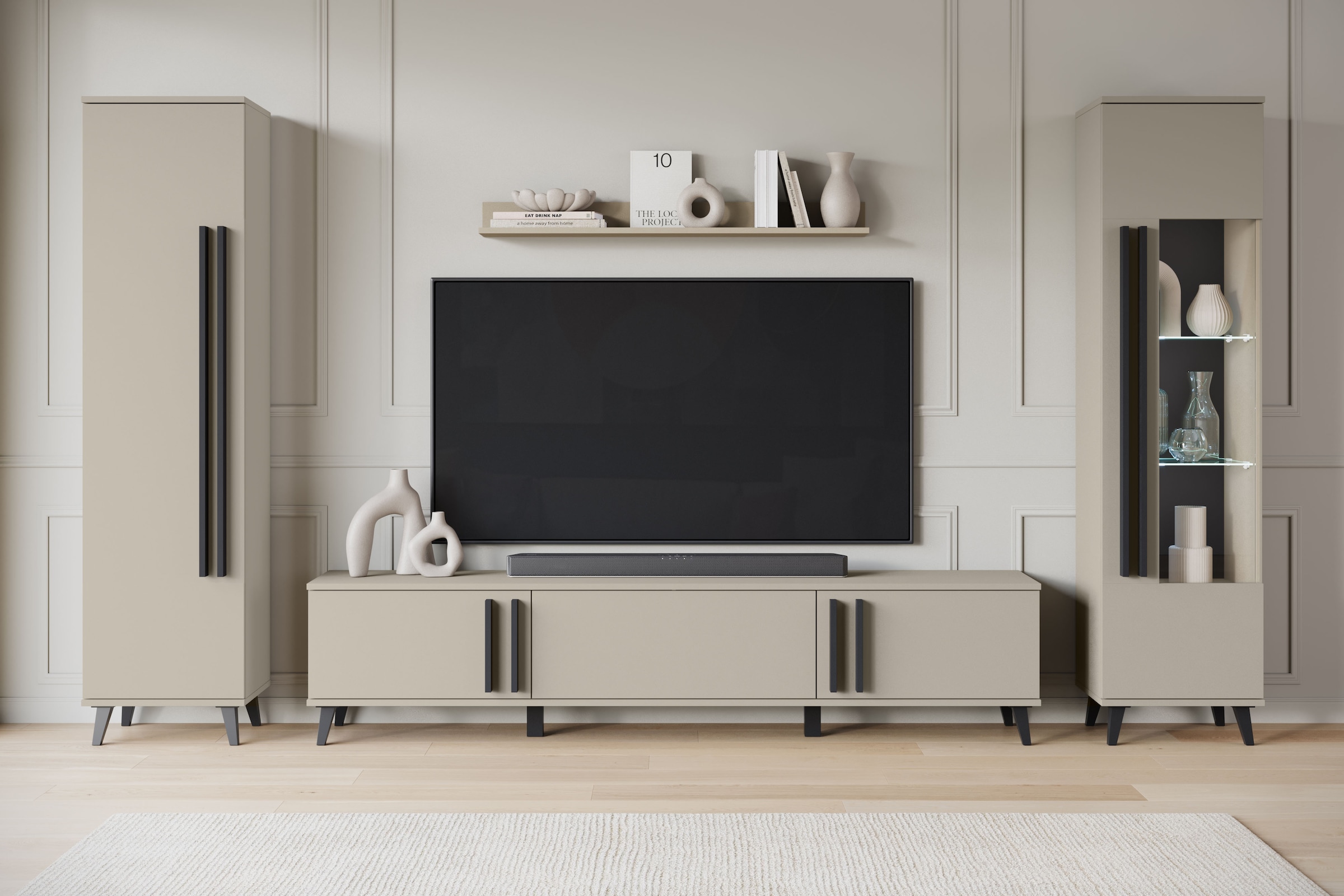 Home affaire Wohnwand "Helsinki, Modernes Set mit verglaster Vitrine" Komplett-Set, 4 Stk. tlg.