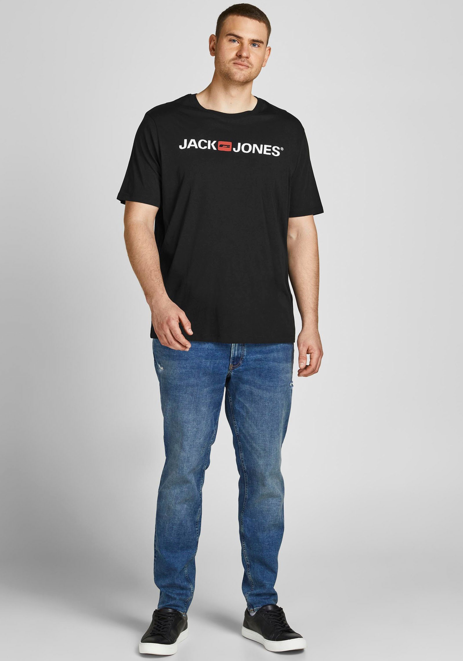 T-Shirt "CORP mit Print und bequemem Rundhals", Herren, Gr. 5XL, schwarz, Single Jersey, Obermaterial: 100% Baumwolle, JACK & JONES PLUSSIZE, bedruckt, normal normal, Rundhals, Shirts T-Shirt, bedruckt, modisch, regular fit, Baumwolle, Rundhals 3