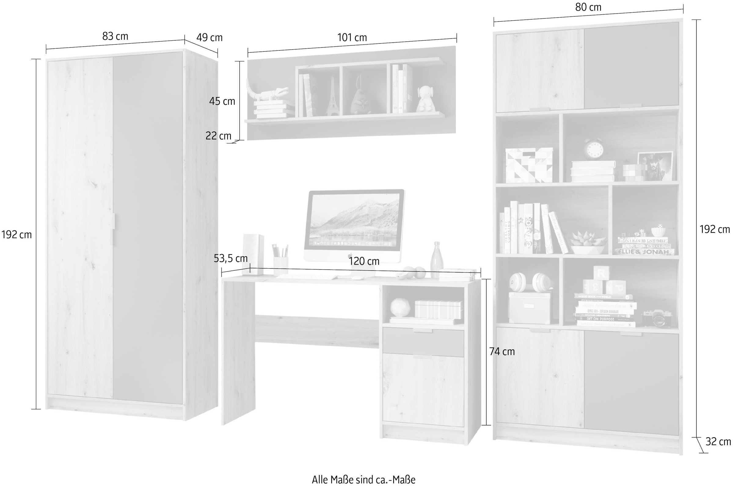 Begabino Jugendzimmer-Set »Karla Kleiderschrank, Schreibtisch, Hängeregal, Standregal«, (Set, 4 tlg.), wahlw. mit Bett, anstelle des Tisches bestellbar, Artikelnr. 20676915