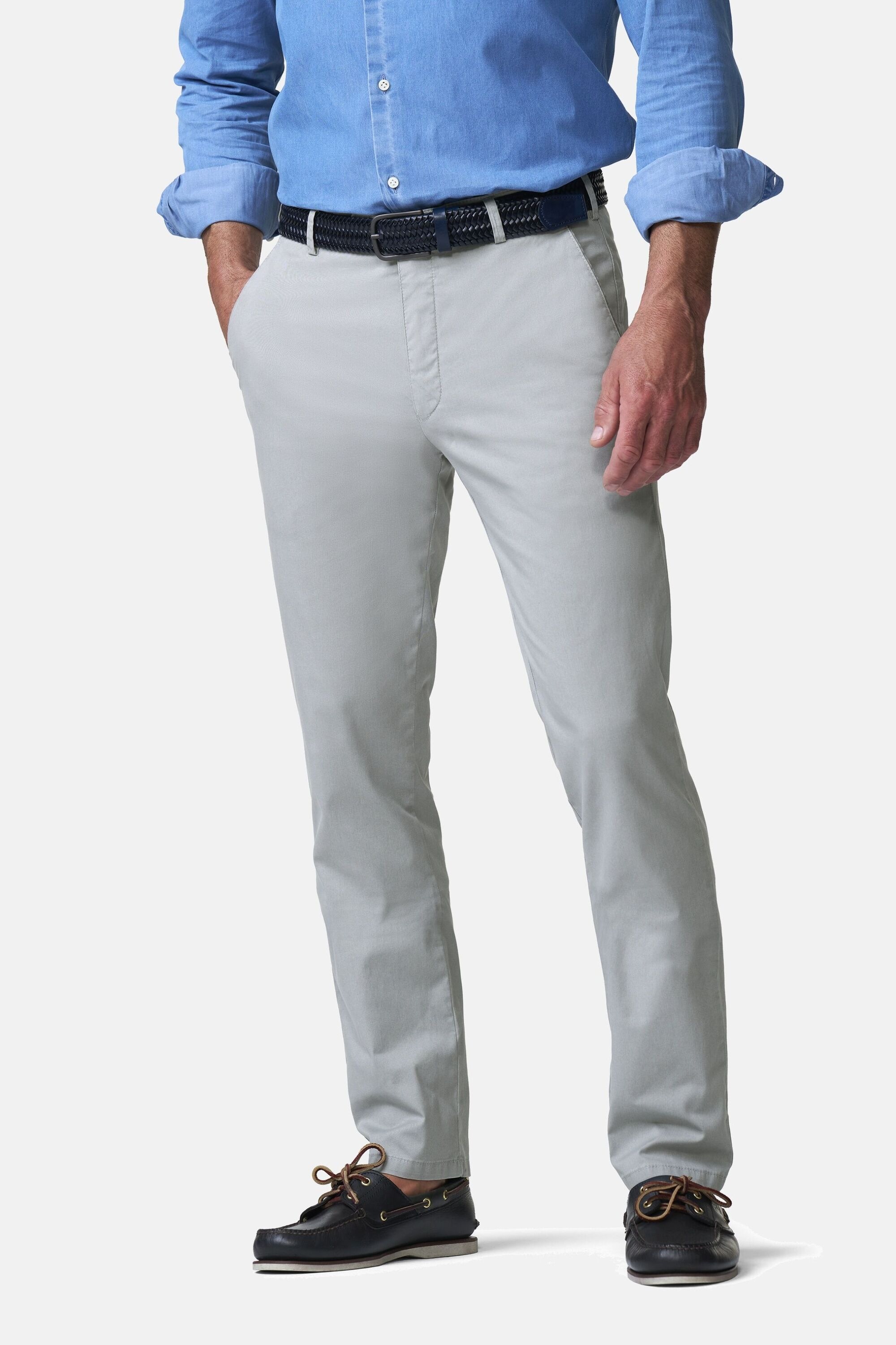 Chinos MEYER "New York 1-5074", Herren, Gr. 48, Normalgrößen, hellgrau, 98% Baumwolle, 2% Elasthan, unifarben, regular fit lang, Hosen