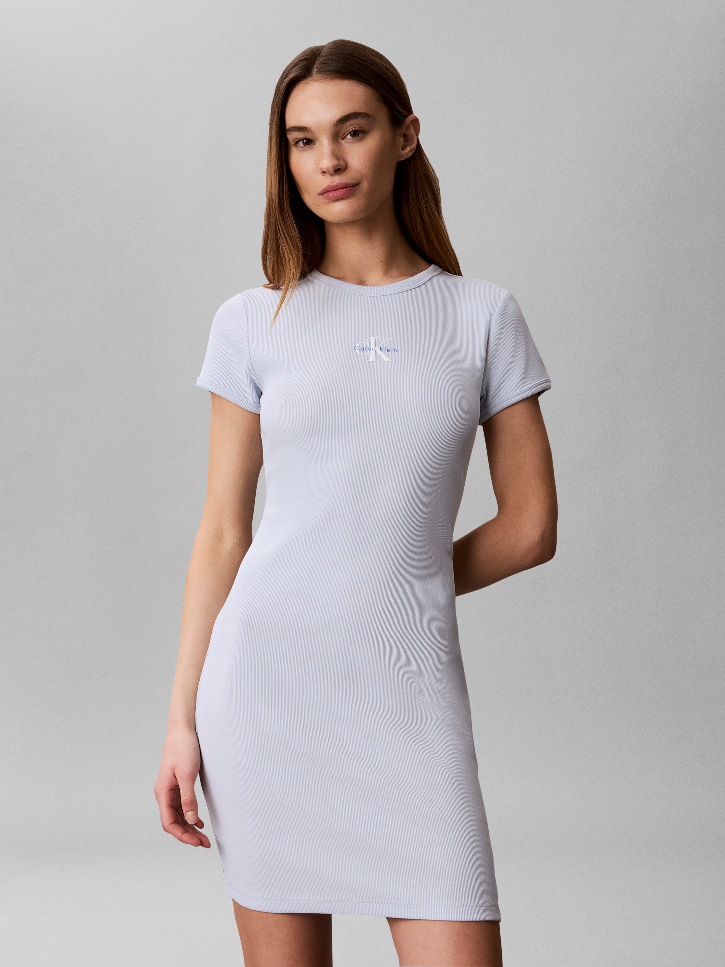 Calvin Klein Jeans Minikleid "MONOLOGO BABY RIB MINI DRESS" Ohne Tasche Figurbetonte Passform mit Rundhalsausschnitt