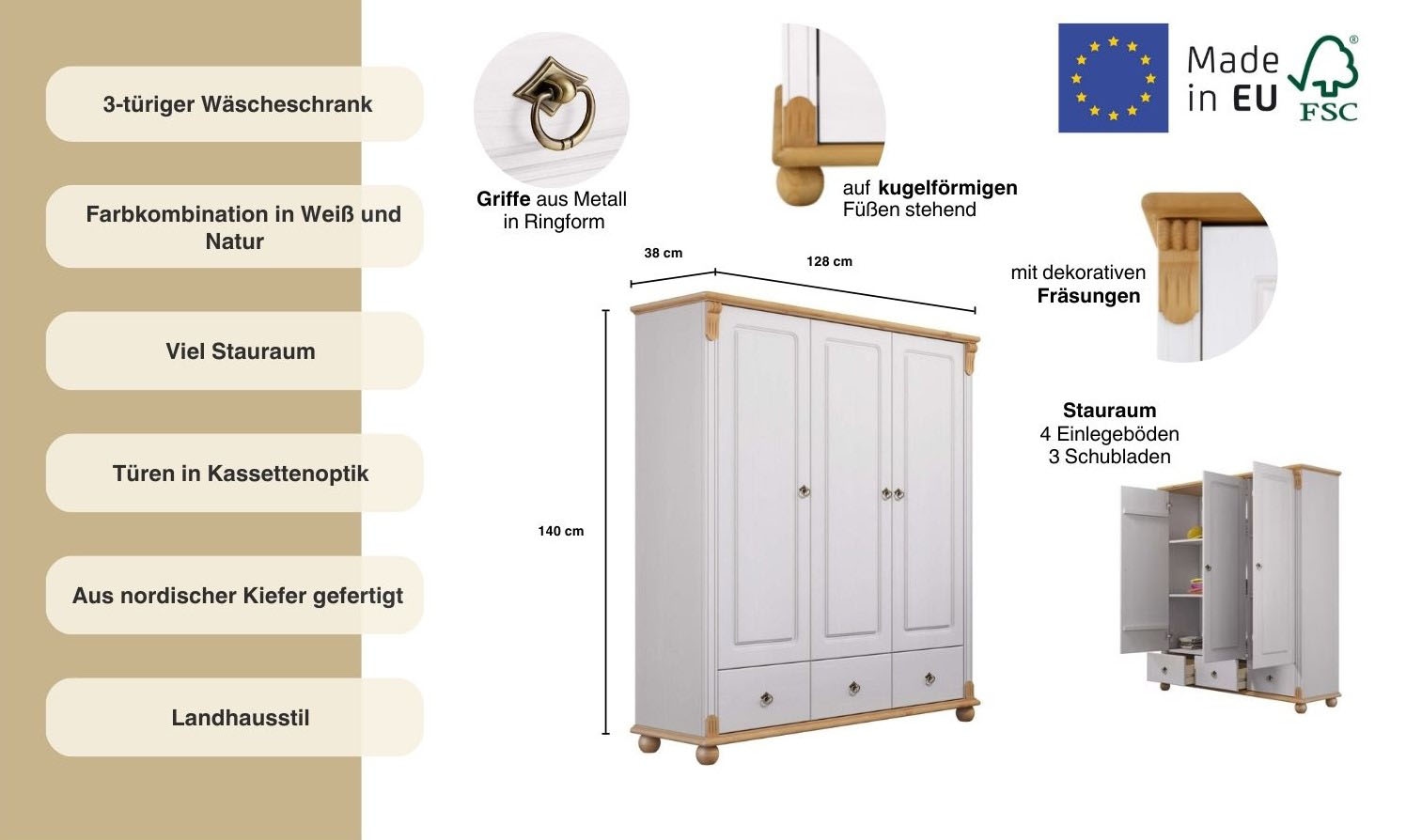 Home affaire Wäscheschrank »Tessin«, (2 Breiten: 90/128 cm H/T ca. 140/38 cm), aus massiver Kiefer, in 2 Breiten, viel Stauraum, FSC zertifiziert