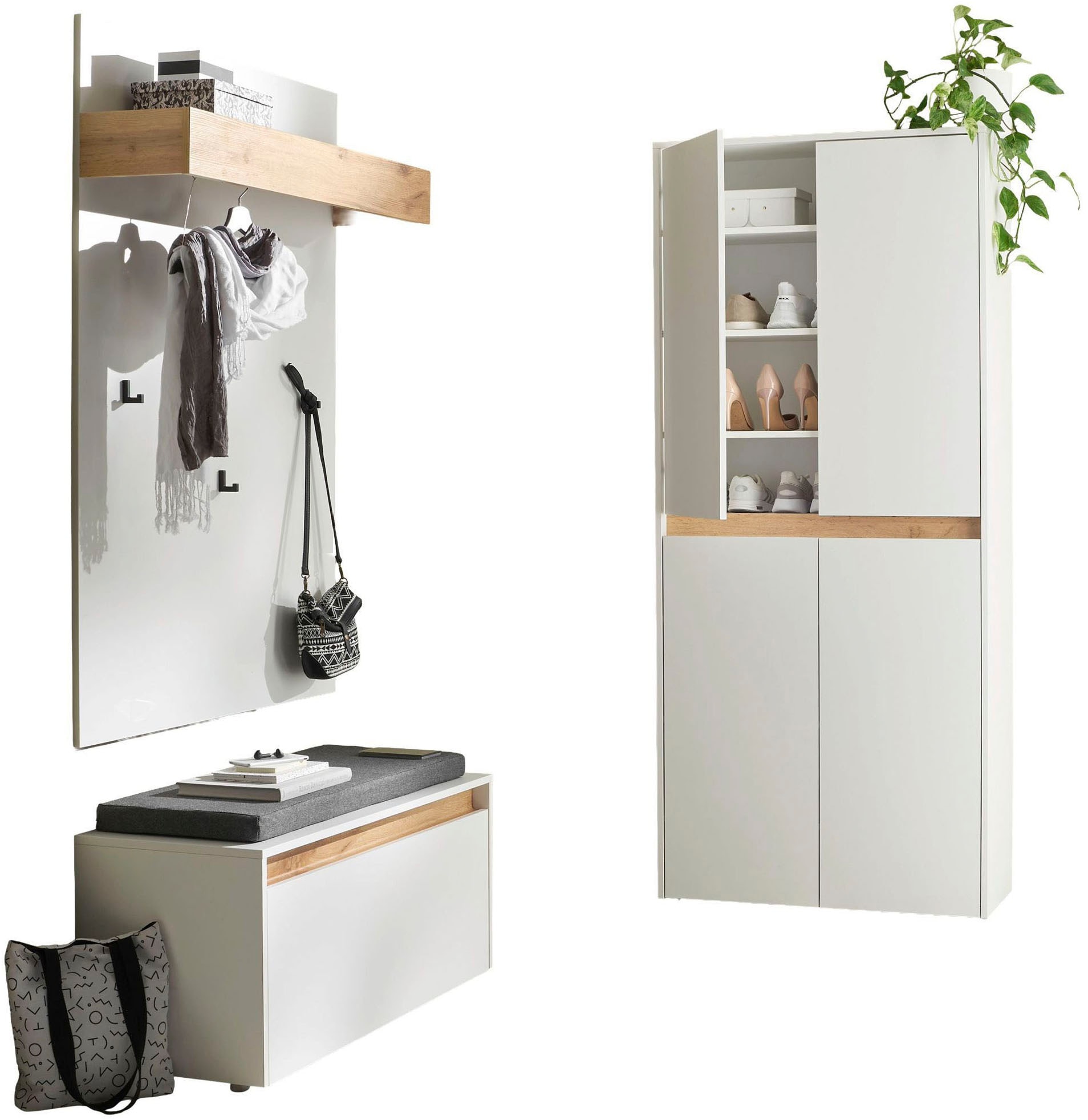 INOSIGN Garderoben-Set »City/Giron, moderne Garderobe, viel Stauraum, ca. 40 Schuhe«, (Set, 3 St.), enthält Schuhschrank, Garderobenpaneel & Garderobenbank mit Sitzkissen