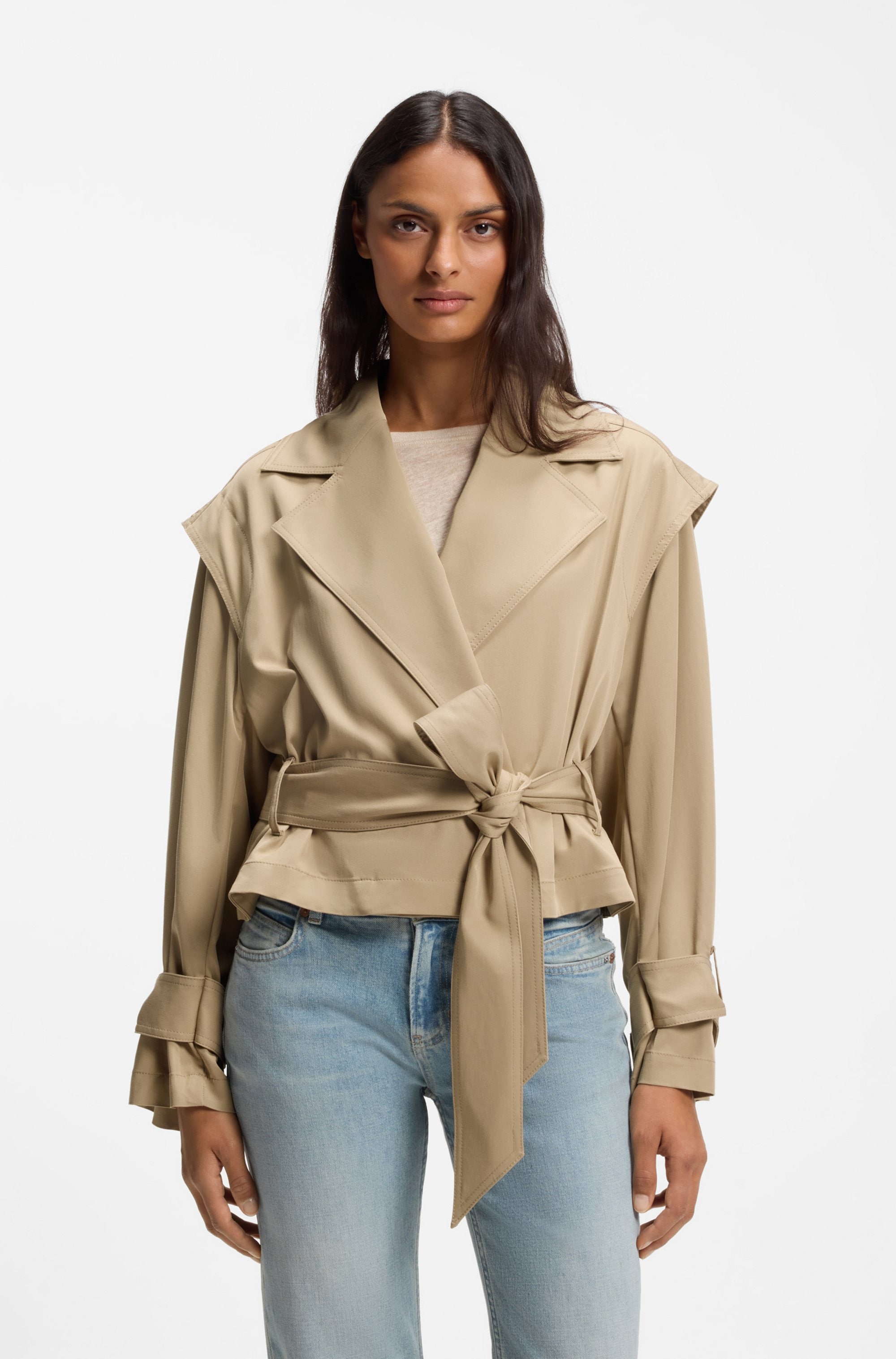 BOSS ORANGE Kurzjacke "Jophelia Premium Damenmode" aus softem Materialmix, mit Bindegürtel